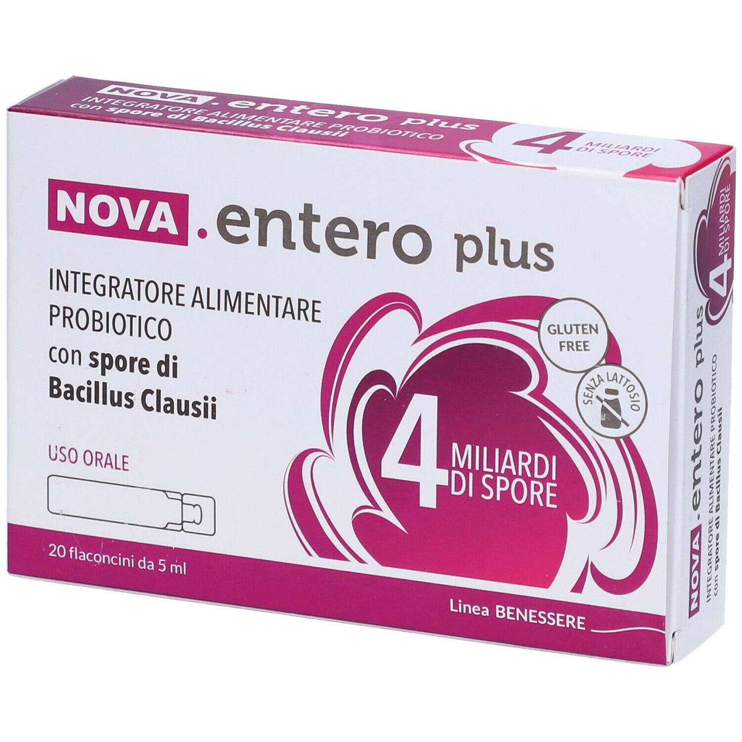 Verpackung von NOVA.entero plus, 20 Fläschchen. Enthält 4 Milliarden Sporen. Gluten- und laktosefrei.