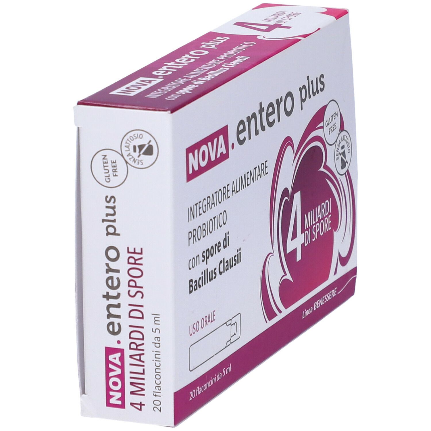 Schrägansicht der Verpackung von NOVA.entero plus. Enthält 4 Milliarden Sporen. Gluten- und laktosefrei.