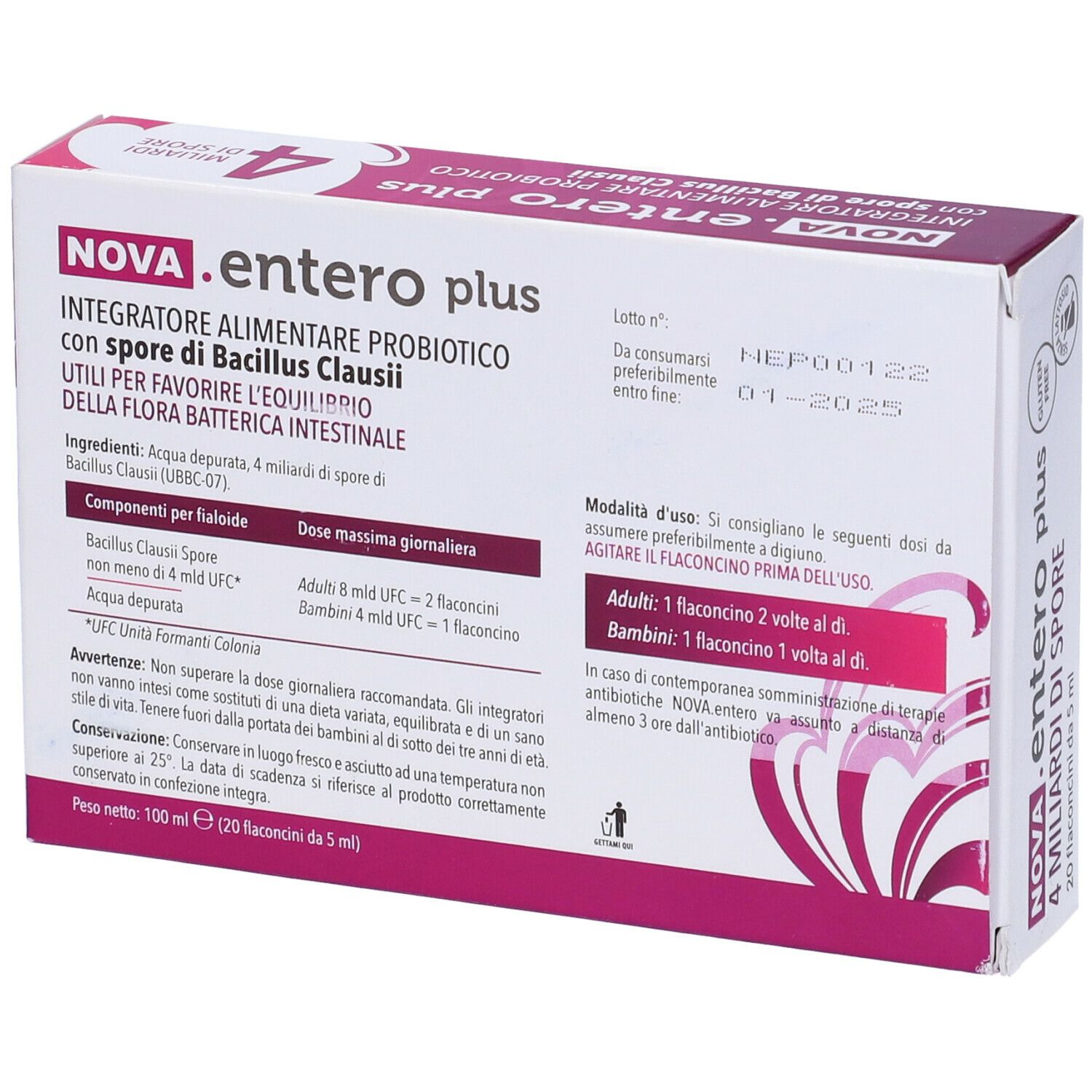 Schrägansicht der Verpackung von NOVA.entero plus. Enthält 4 Milliarden Sporen. Gluten- und laktosefrei.