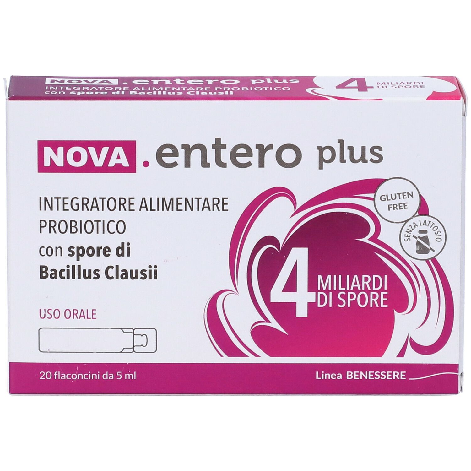 Verpackung von NOVA.entero plus, 20 Fläschchen. Enthält 4 Milliarden Sporen. Gluten- und laktosefrei.