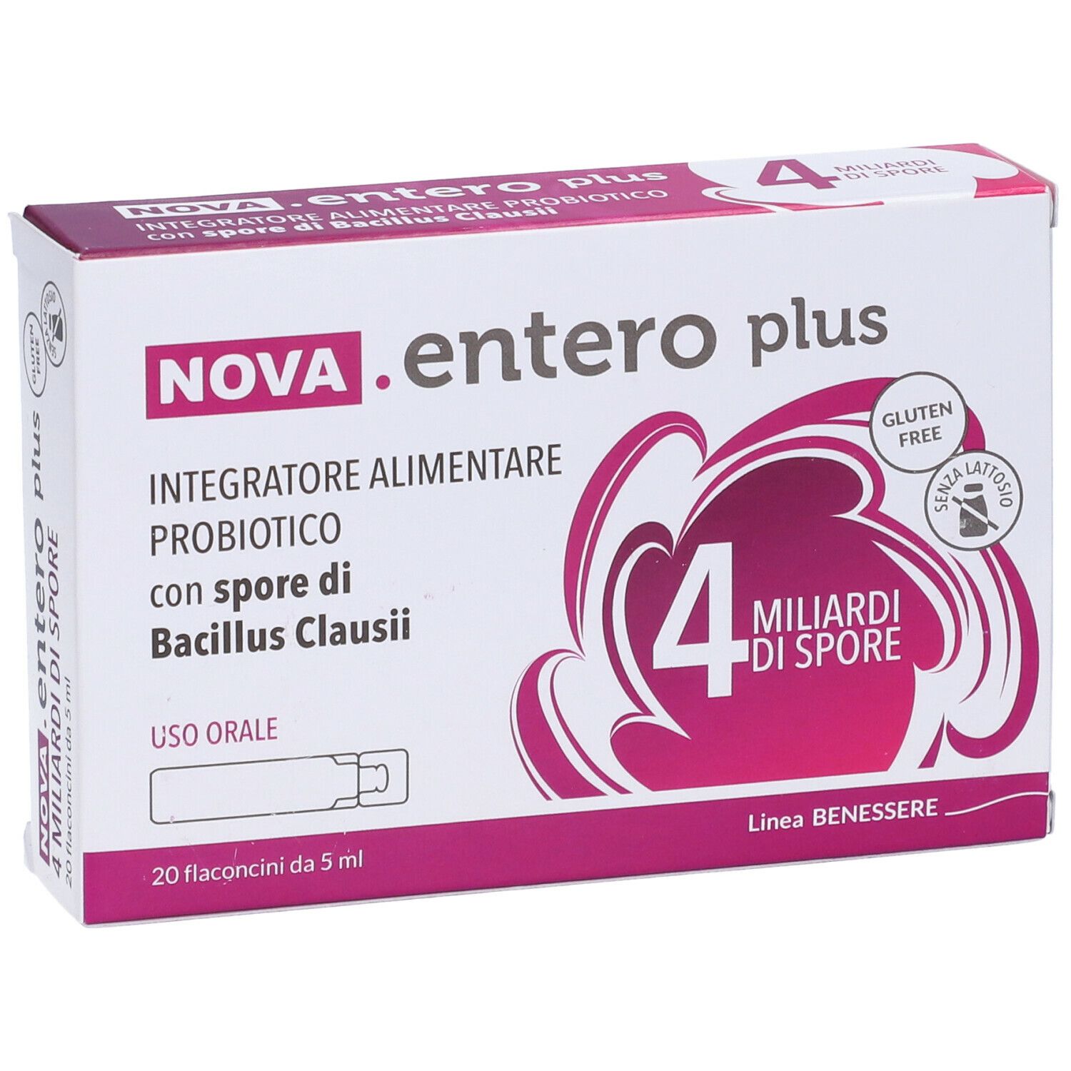 Verpackung von NOVA.entero plus, 20 Fläschchen. Enthält 4 Milliarden Sporen. Gluten- und laktosefrei.