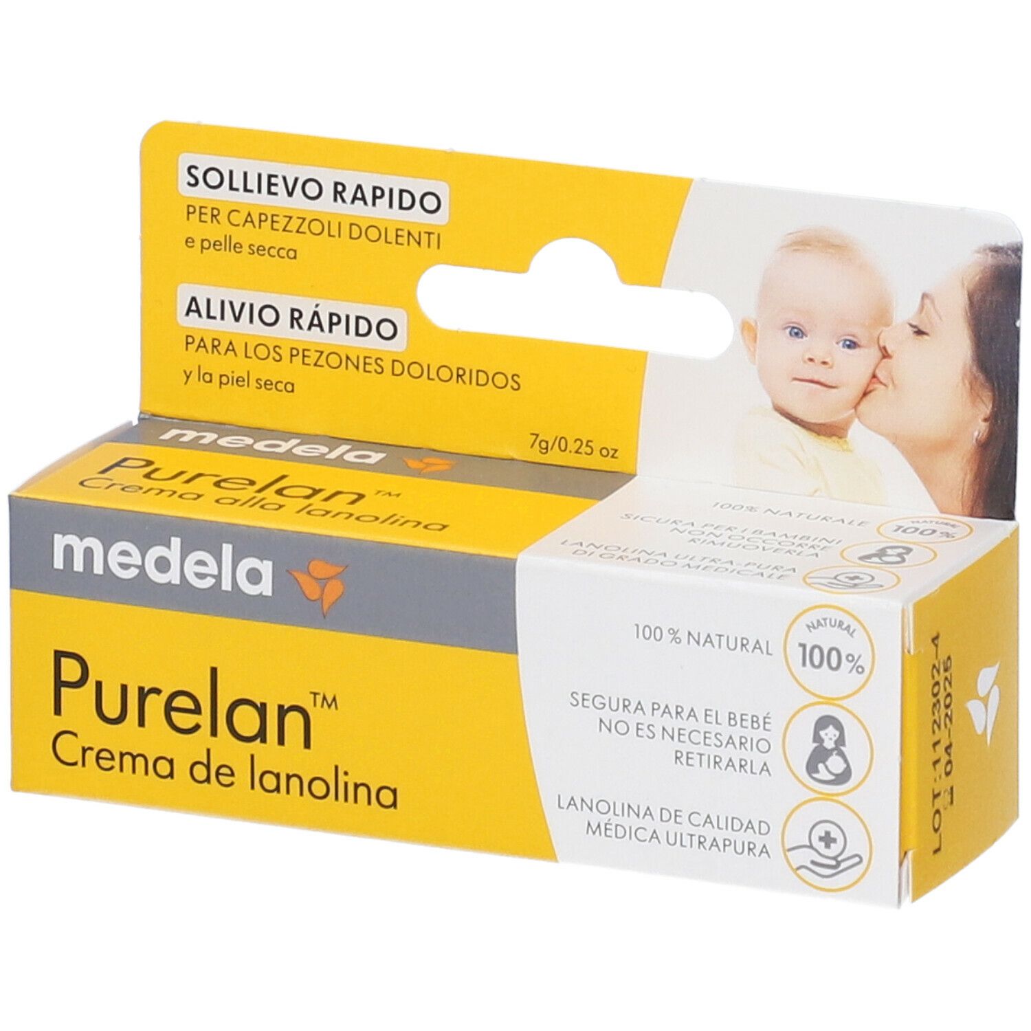 Emballage de crème Purelan. Marque Medela. Contient 7g/0,25 oz. 100% naturel. Avec bébé et mère.