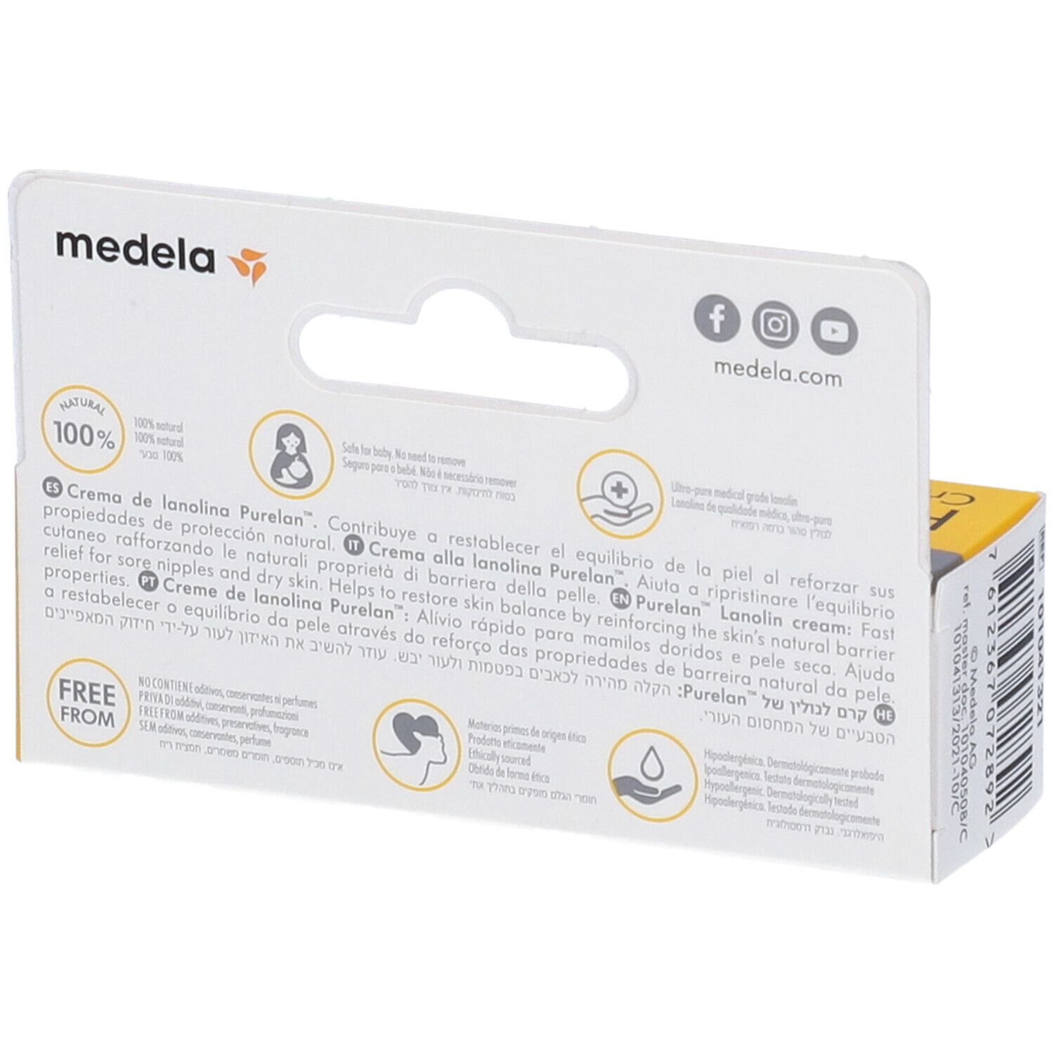 Dos de l'emballage de la crème Purelan. Marque Medela. Informations sur les ingrédients et l'utilisation.