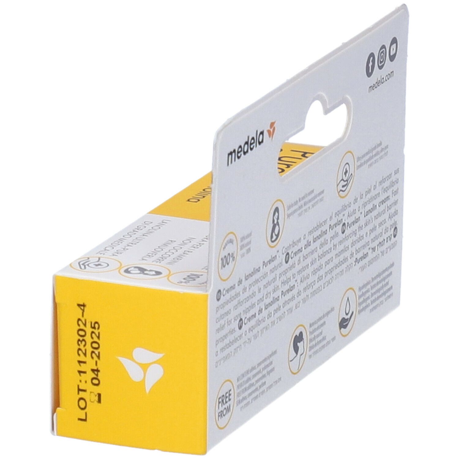 Vue latérale de l'emballage de la crème Purelan. Marque Medela. Informations sur les ingrédients et l'utilisation.