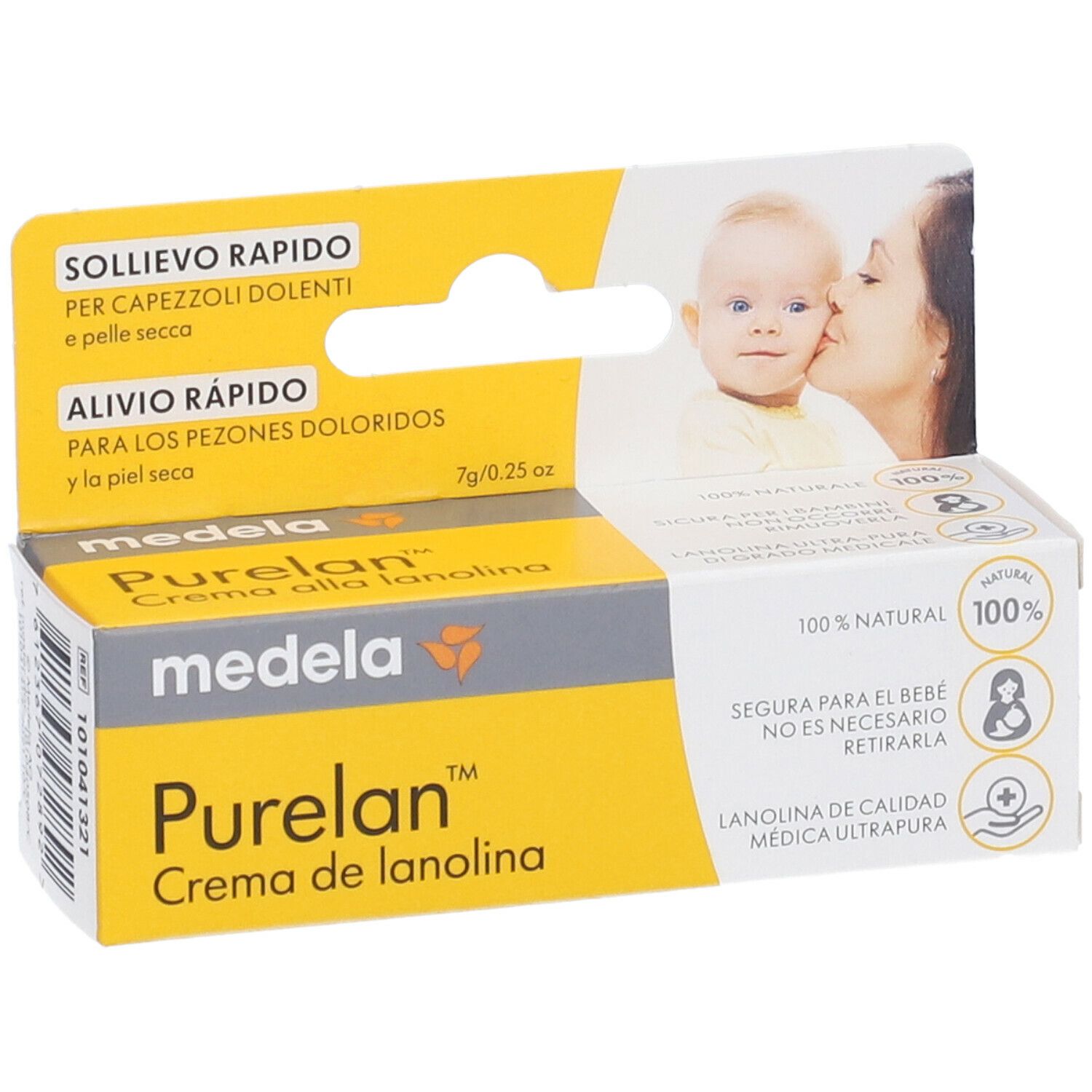 Emballage de crème Purelan. Marque Medela. Contient 7g/0,25 oz. 100% naturel. Avec bébé et mère.