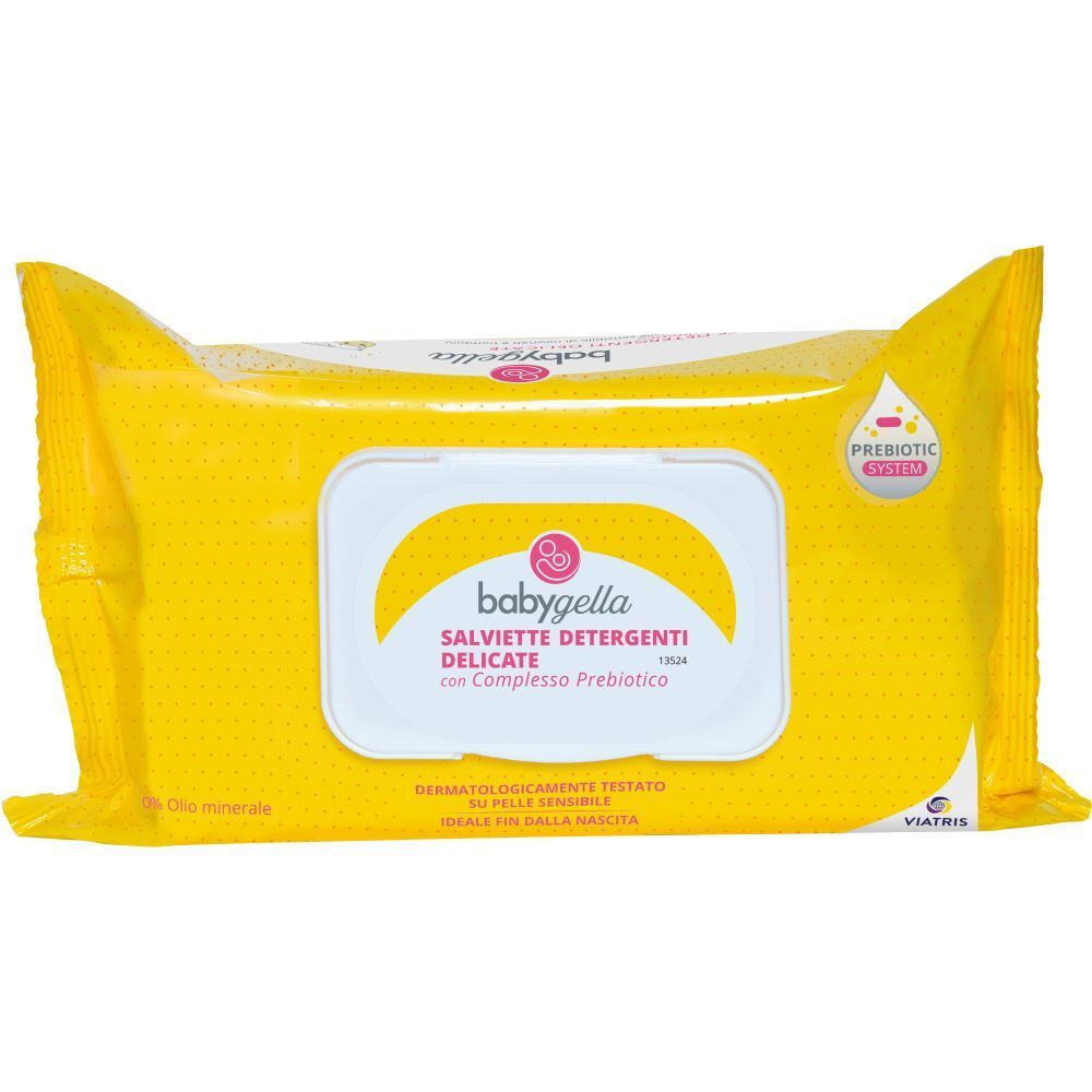 Gelbe Verpackung mit Babygella-Logo und Text. Enthält Reinigungstücher mit präbiotischem Komplex. Dermatologisch getestet.