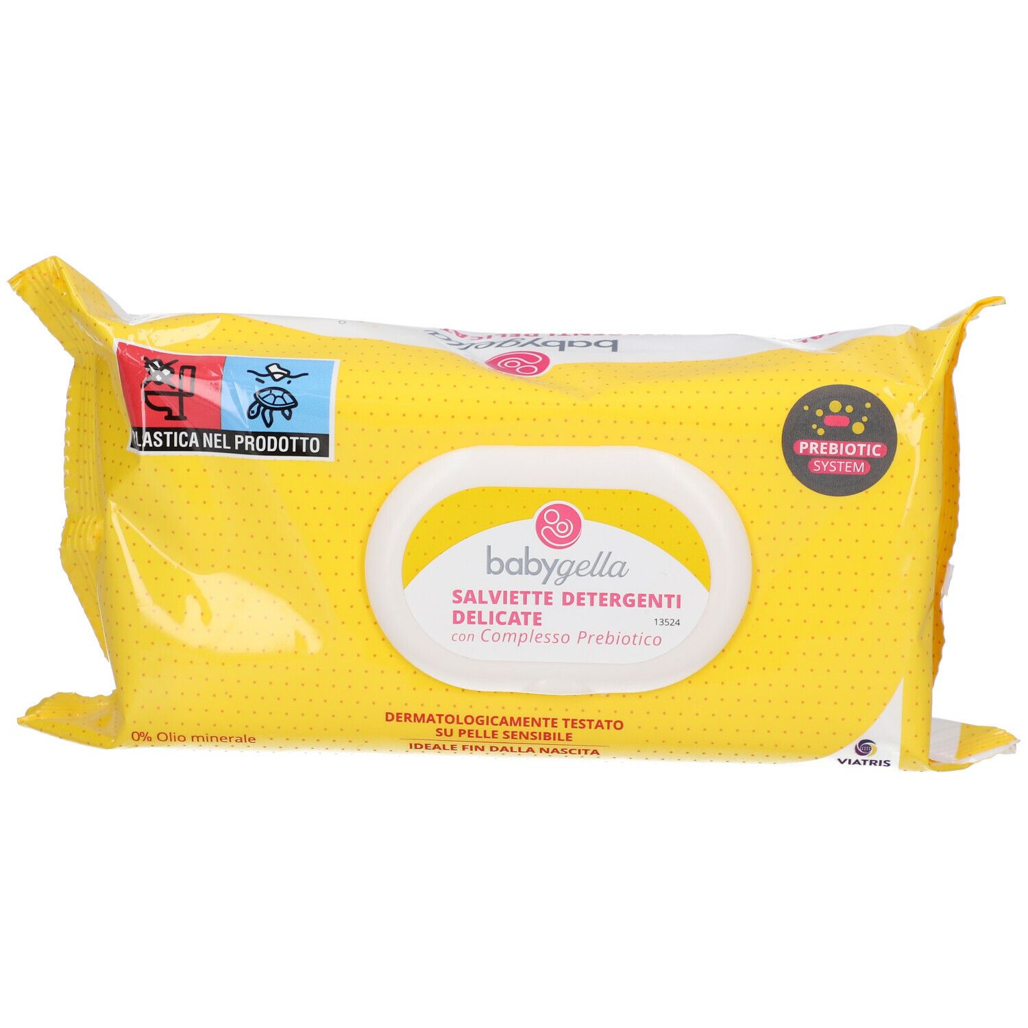 Gelbe Babygella-Verpackung mit Logo und Text. Enthält Reinigungstücher mit präbiotischem Komplex. Dermatologisch getestet.