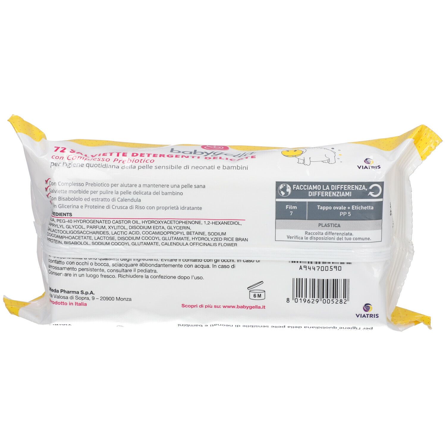 Rückseite der Babygella-Verpackung. Enthält Text und Inhaltsstoffe. Mit Logo und Recycling-Symbolen.