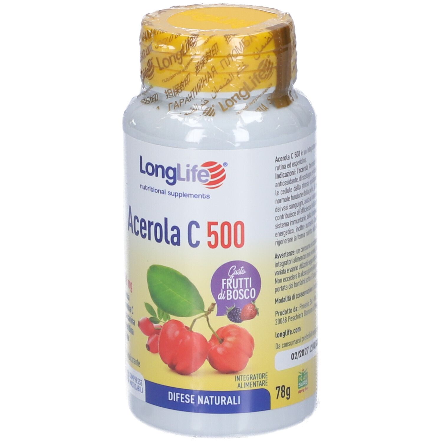 Flacon blanc avec bouchon jaune, emballé. Inscription: LongLife Acerola C 500. Illustration de fruits. 78g.