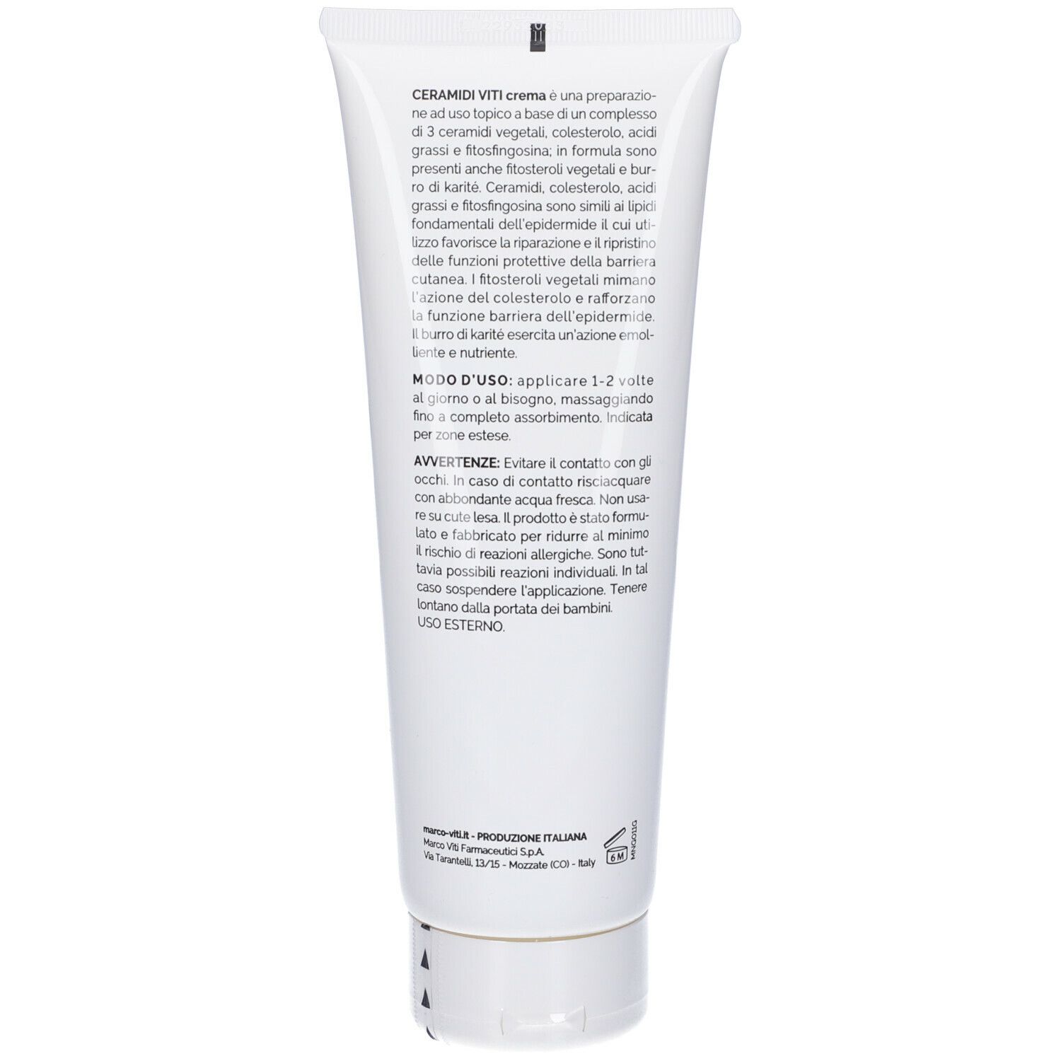 Dos d'un tube blanc. Texte en italien. Contient des informations sur les ingrédients et l'utilisation. Marque: Marco Viti.