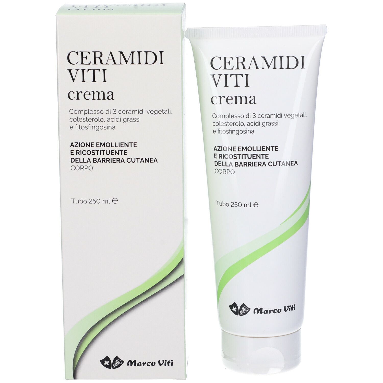Emballage du produit: tube et boîte. Inscription: CERAMIDI VITI crema. Contient des céramides végétaux, du cholestérol, des acides gras et de la phytosphingosine.