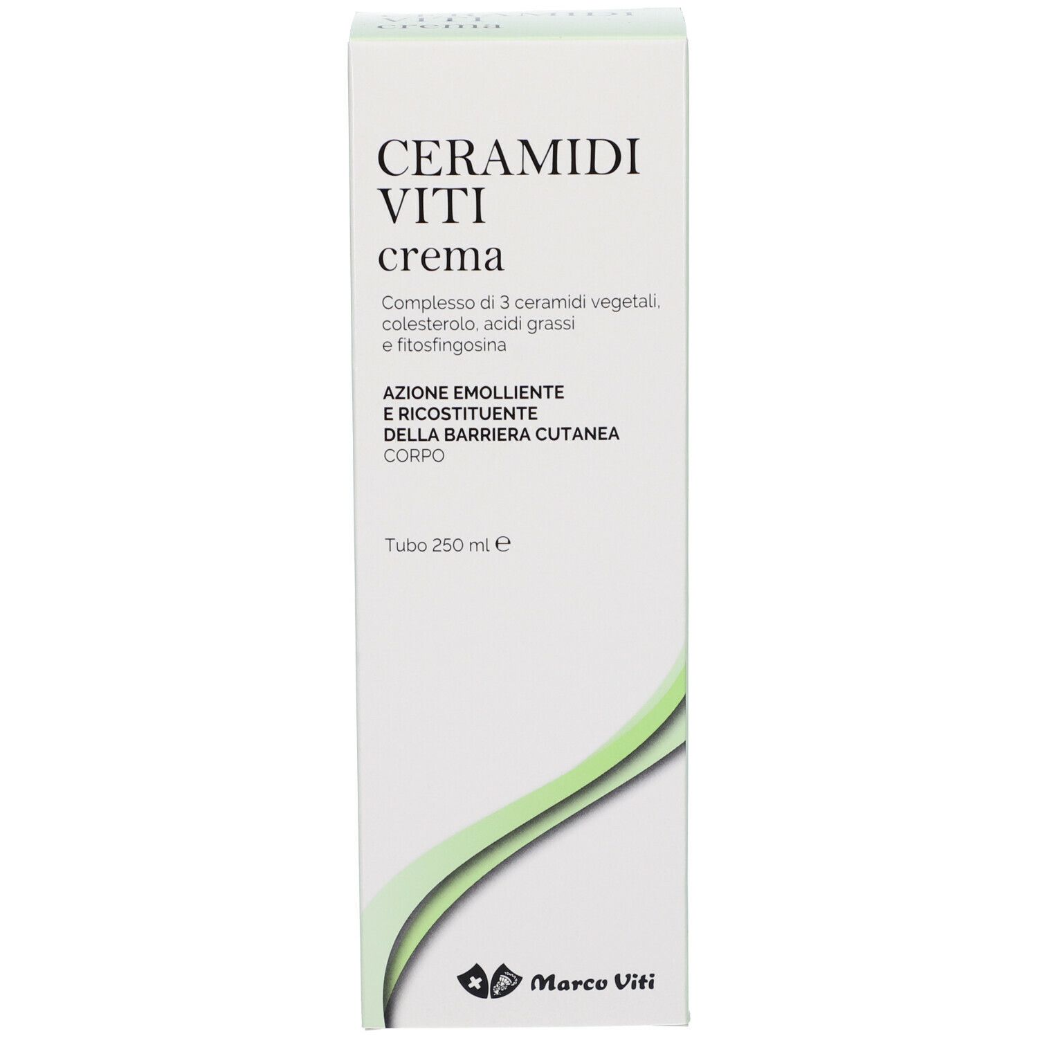 Boîte avec inscription: CERAMIDI VITI crema. Contient des céramides végétaux, du cholestérol, des acides gras et de la phytosphingosine. Marque: Marco Viti.