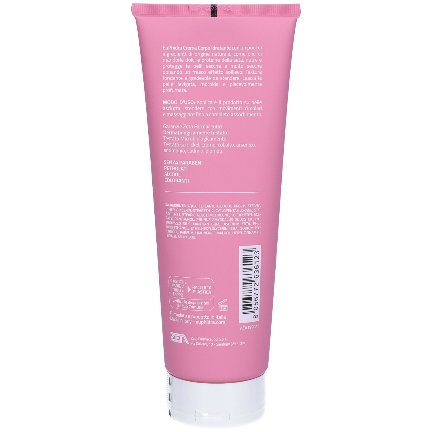 Dos du tube rose Euphidra. Texte : mode d'emploi, ingrédients, "senza petrolati, alcool, coloranti".