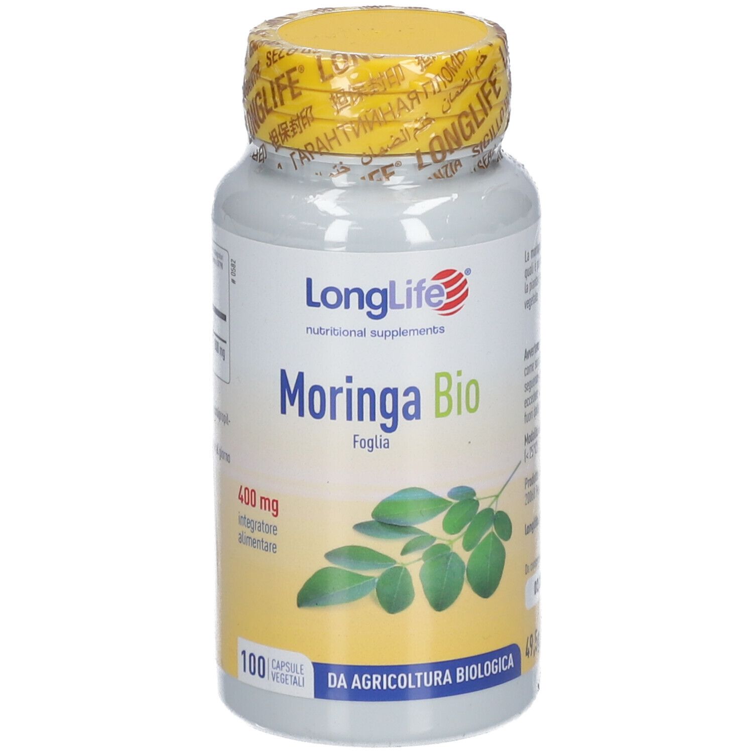 Rückseite der Flasche. Textinformationen. Bio-Zertifizierung. Glutenfrei und vegan.