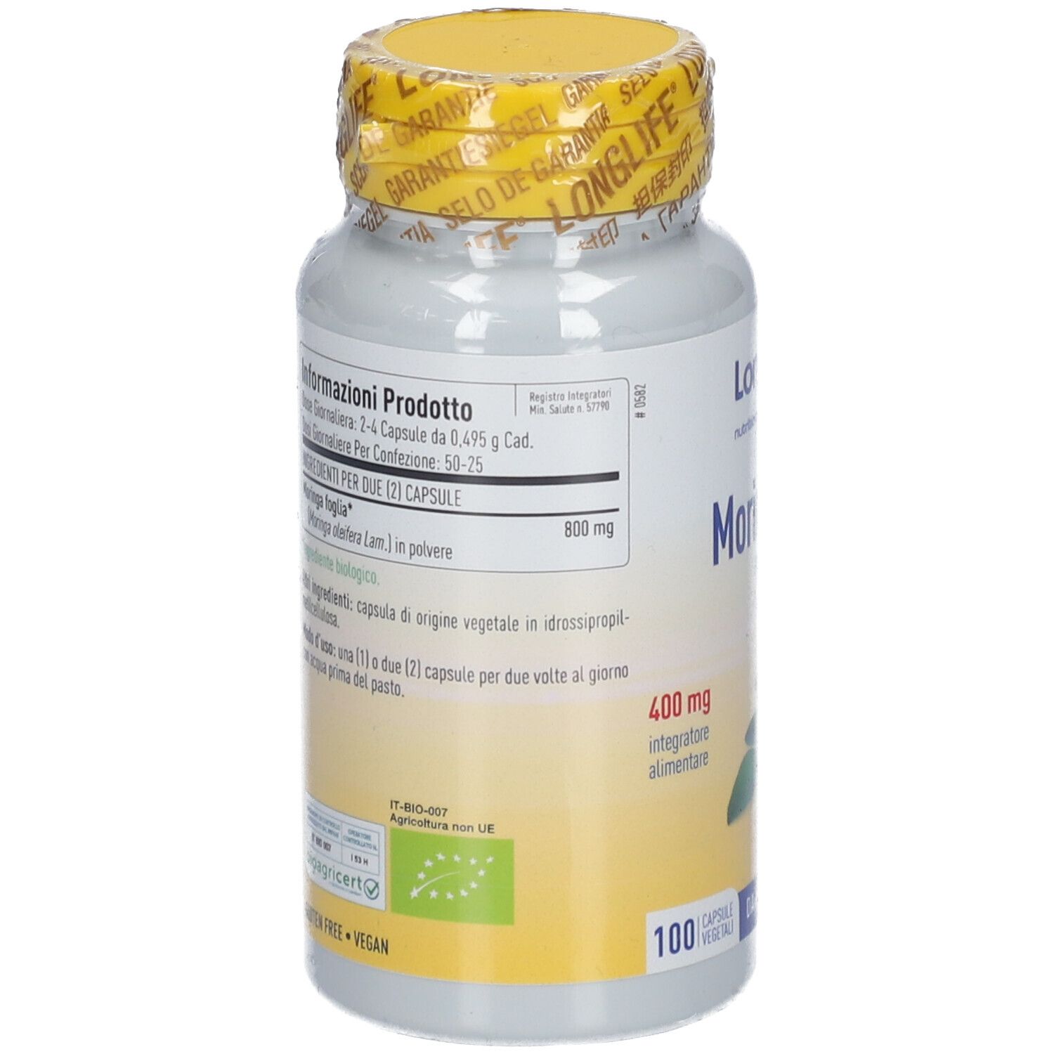 Weiße Flasche mit gelbem Deckel. Aufschrift: LongLife Moringa Bio. Blatt-Illustration. 100 Kapseln.
