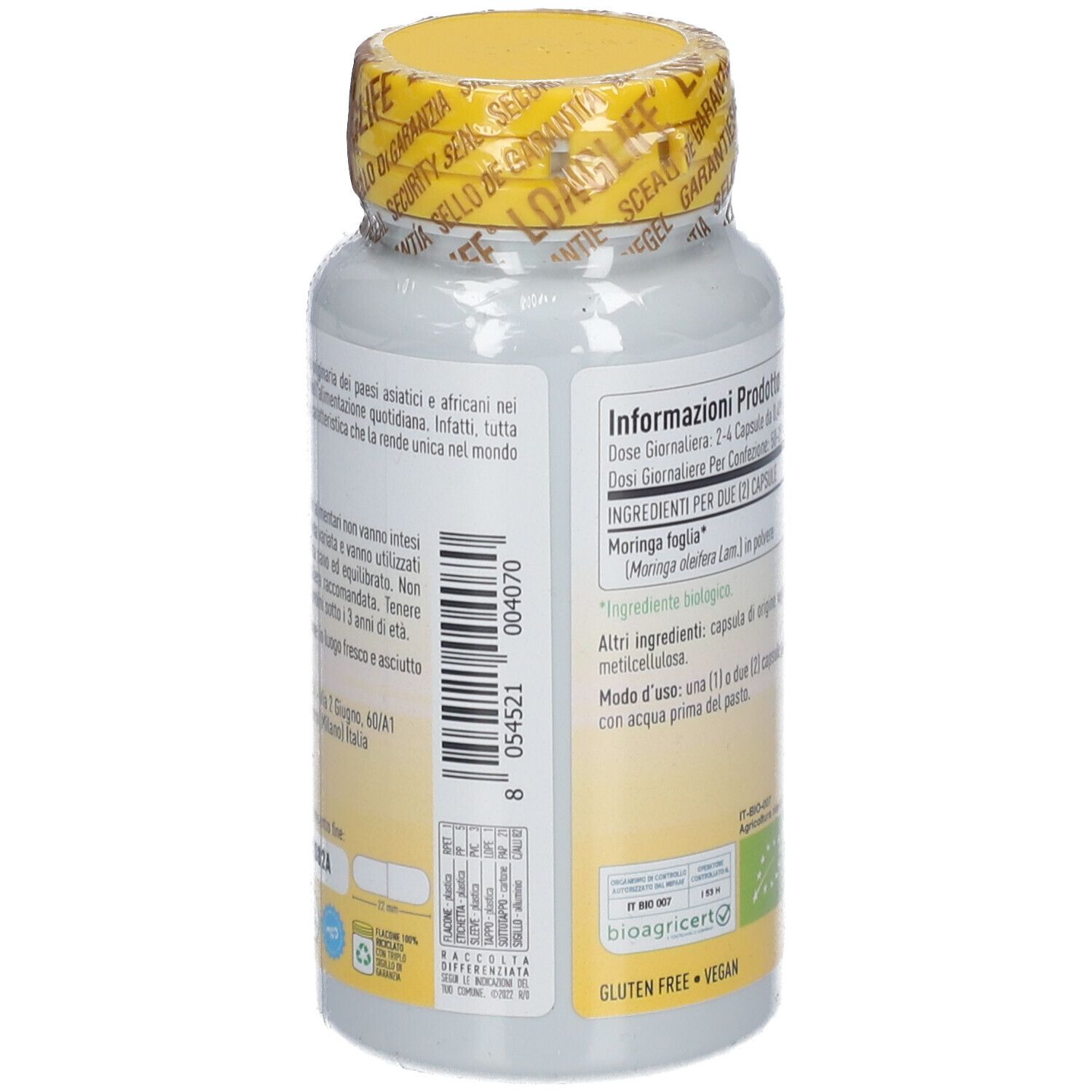 Flasche mit gelbem Deckel. Aufschrift: LongLife Moringa Bio. Blatt-Illustration. 49,5g.