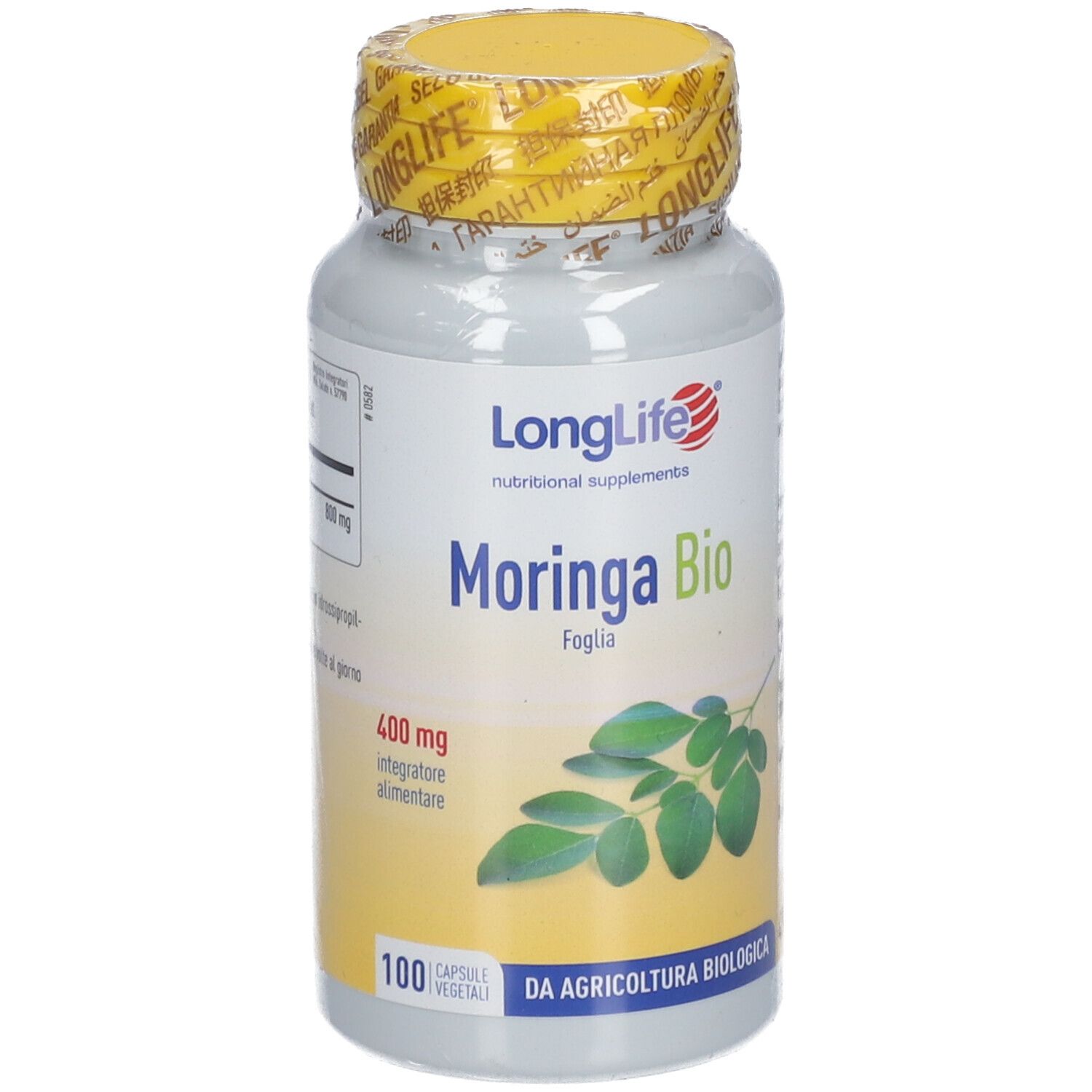 Rückseite der Flasche. Textinformationen. Bio-Zertifizierung. Glutenfrei und vegan.