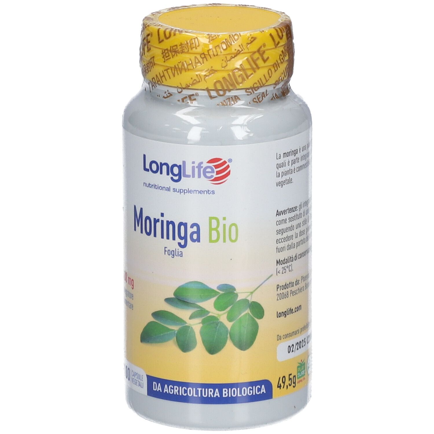 Flasche mit gelbem Deckel. Aufschrift: LongLife Moringa Bio. Blatt-Illustration. 49,5g.