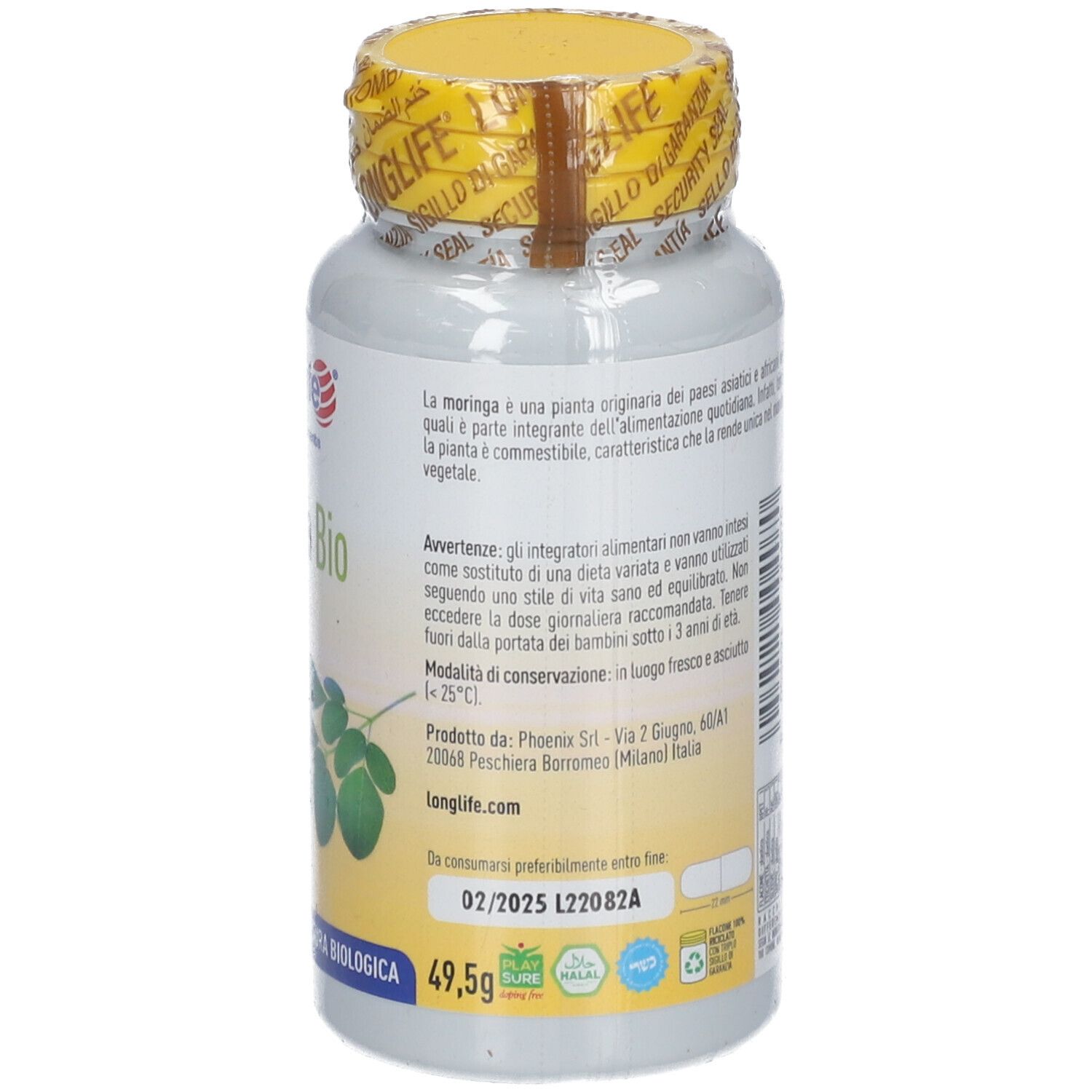 Rückseite der Flasche. Textinformationen. Bio-Zertifizierung. Glutenfrei und vegan.