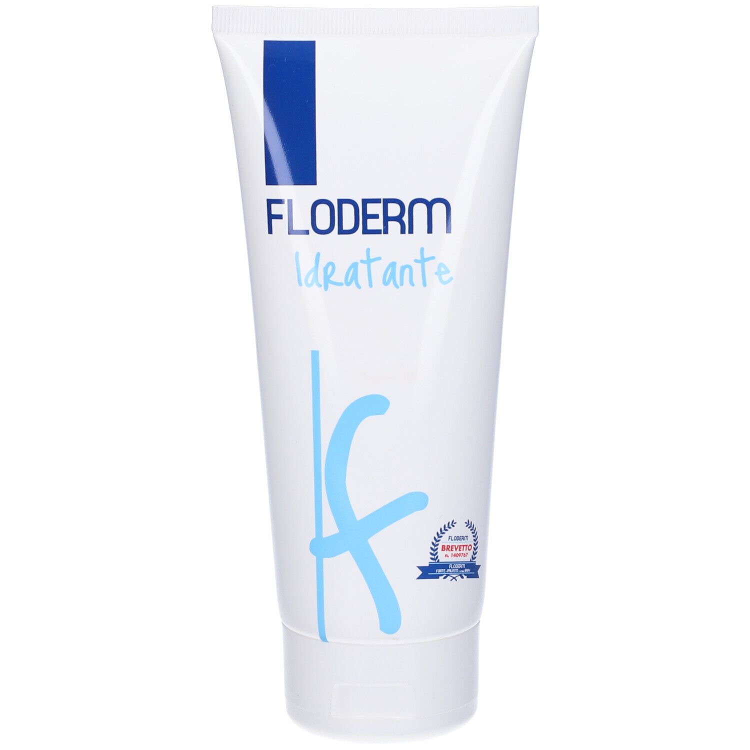 Weiße Tube mit blauem Logo und Schriftzug. Produktname: Floderm Idratante. Zertifizierungslogo.