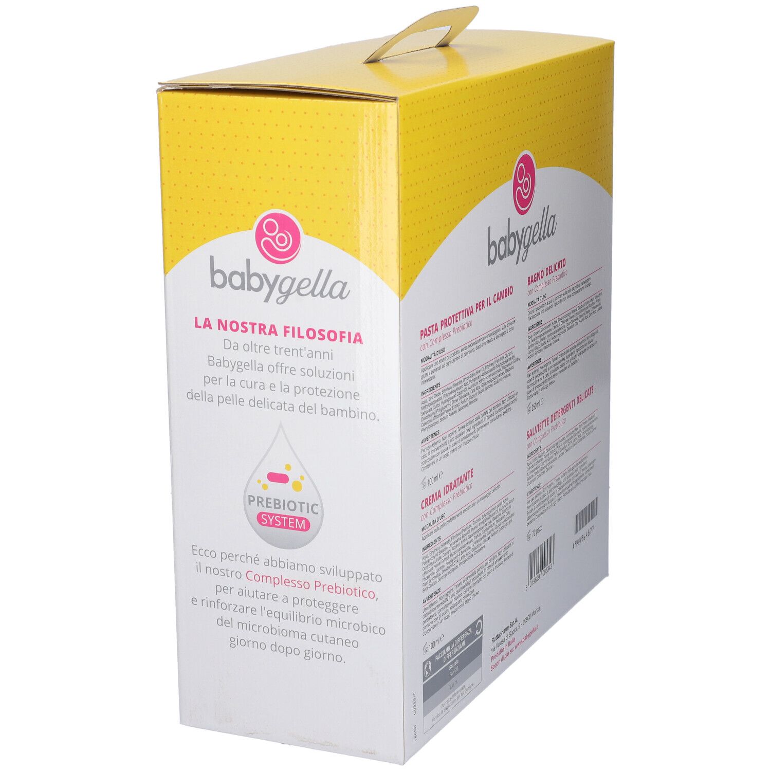 Babygella La Mia Prima Tasche-Reisetasche. Verpackung mit Text über die Philosophie der Marke und dem Prebiotic System.