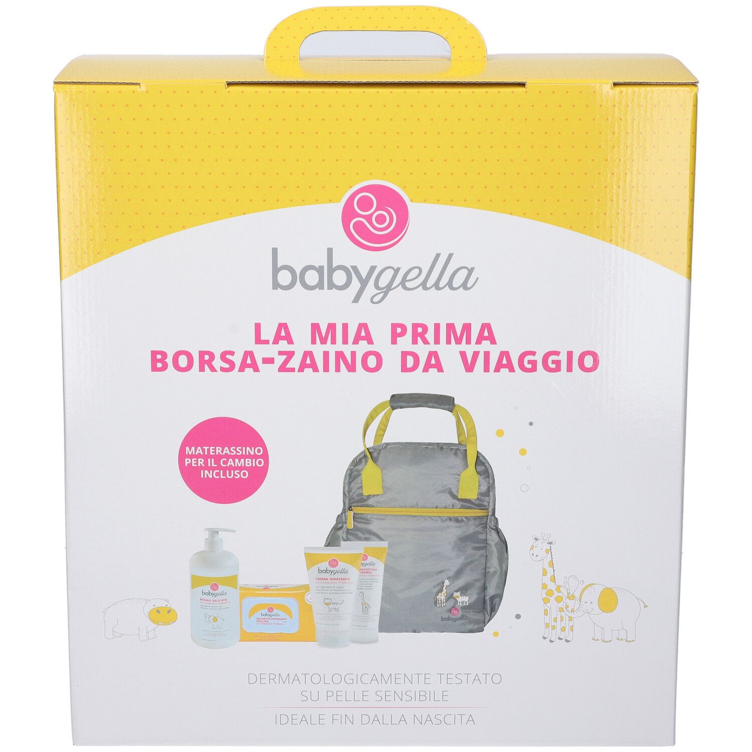 Babygella La Mia Prima Tasche-Reisetasche. Gelb-weiße Verpackung mit Produktabbildung. Enthält Tasche, Flasche, Tücher und Cremes.