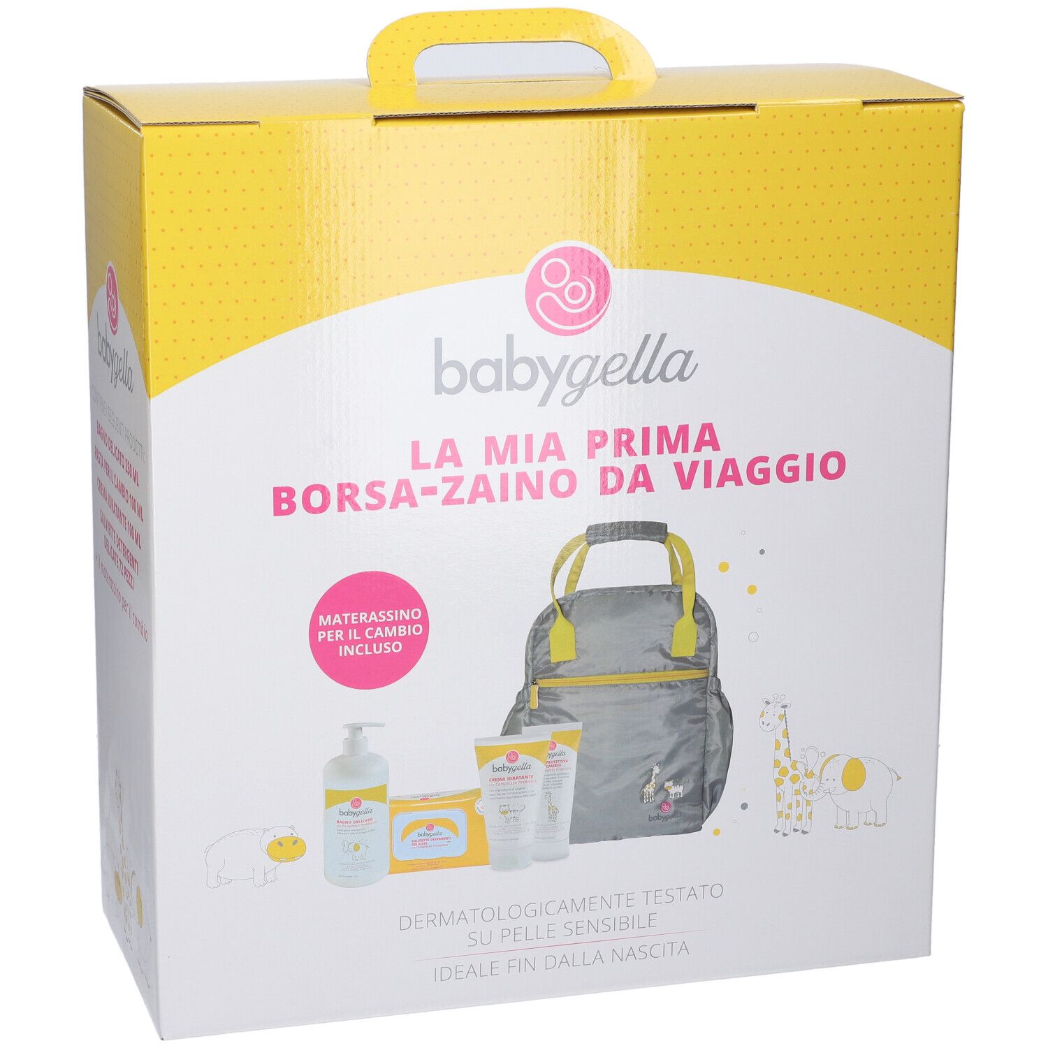 Babygella La Mia Prima Tasche-Reisetasche. Gelb-weiße Verpackung mit Produktabbildung. Enthält Tasche, Flasche, Tücher und Cremes.