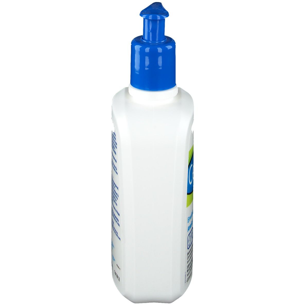 Flacon blanc avec pompe bleue. Inscription Cetaphil et Emulsion detergente. Pour peaux sensibles.