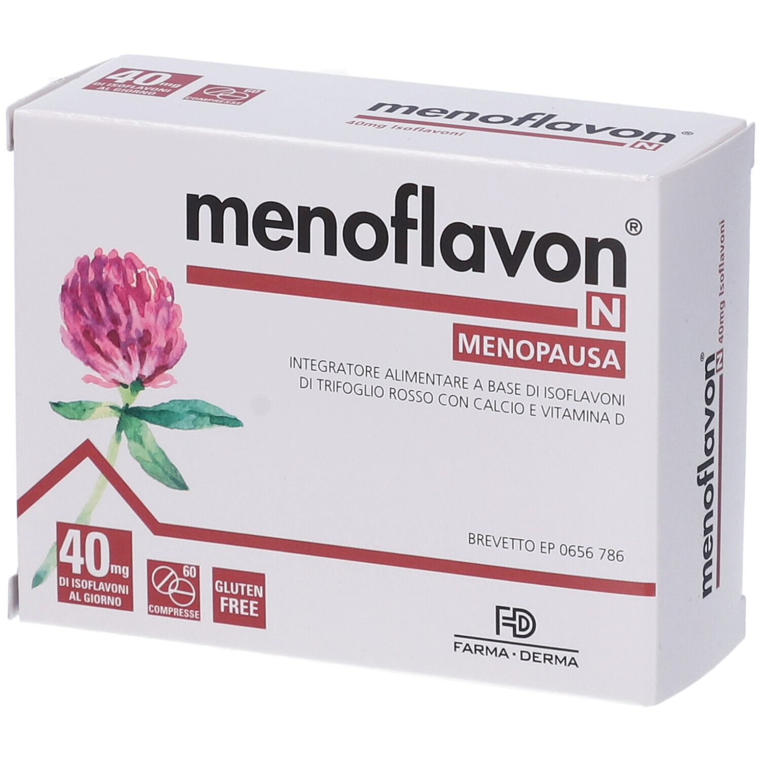 Boîte blanche avec logo "Menoflavon N", illustration de trèfle rouge et texte. Contient 60 comprimés, sans gluten.