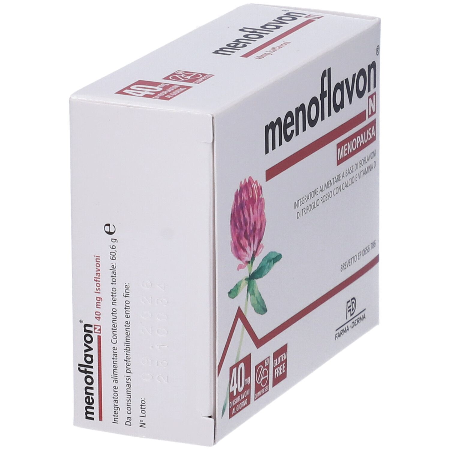 Boîte blanche inclinée avec logo "Menoflavon N" et illustration de trèfle rouge. Contient 60 comprimés.