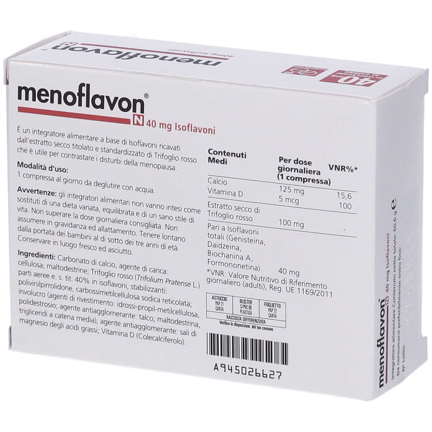 Dos de l'emballage "Menoflavon N". Contient des informations sur les ingrédients, le dosage et les valeurs nutritionnelles.