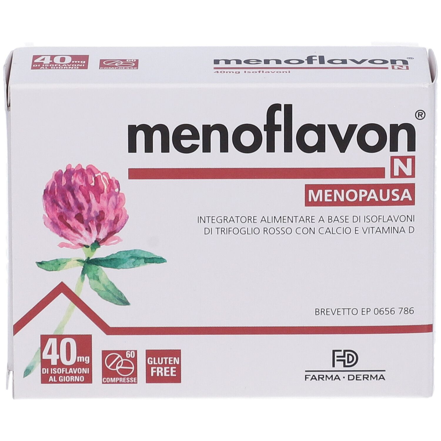 Boîte blanche avec logo "Menoflavon N", illustration de trèfle rouge et texte. Contient 60 comprimés, sans gluten.