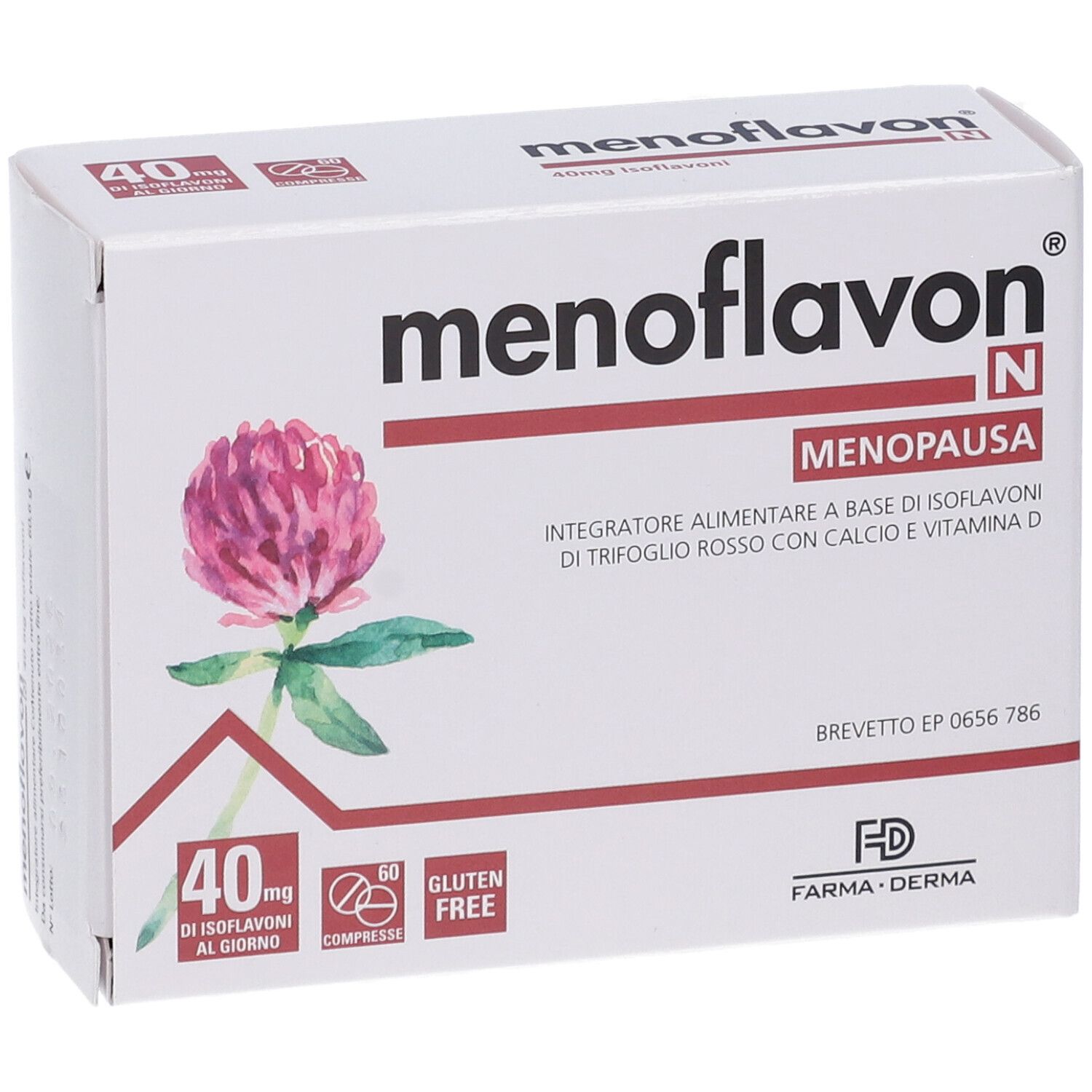 Boîte blanche avec logo "Menoflavon N", illustration de trèfle rouge et texte. Contient 60 comprimés, sans gluten.