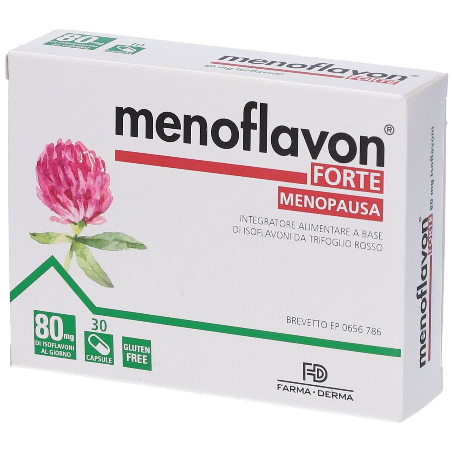 Menoflavon Forte-Verpackung. Rote Schrift, Kleeblume, 80 mg Isoflavone, 30 Kapseln, glutenfrei. Marke Farma Derma.