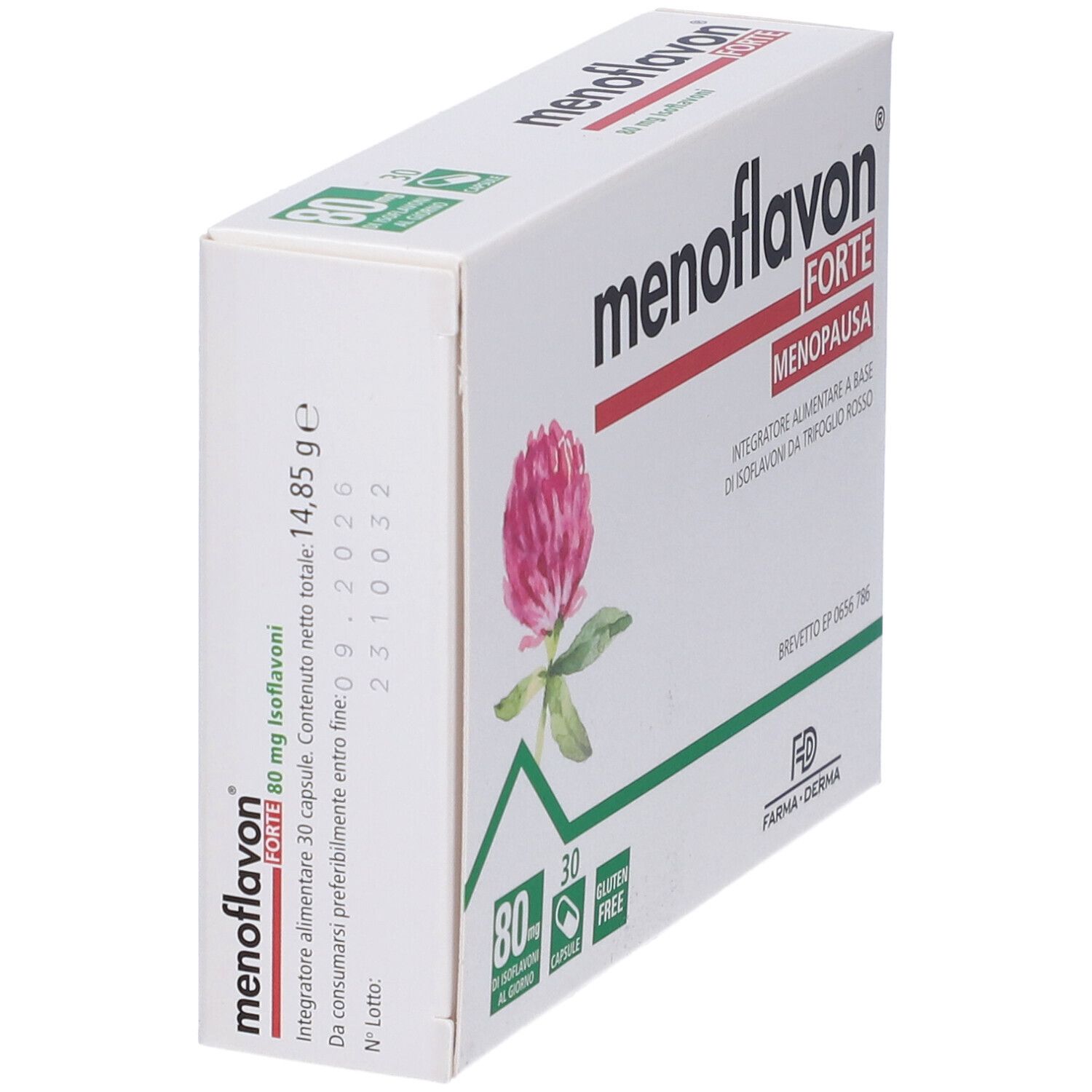 Menoflavon Forte-Verpackung, schräg. Rote Schrift, Kleeblume, 80 mg Isoflavone, 30 Kapseln, glutenfrei. Marke Farma Derma.