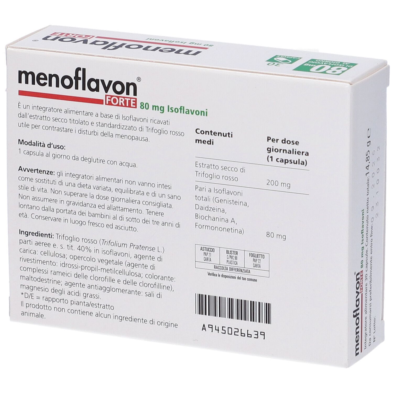 Menoflavon Forte-Verpackung, Rückseite. Inhaltsstoffe, Dosierung, Herstellerinformationen. 80 mg Isoflavone. Marke Farma Derma.