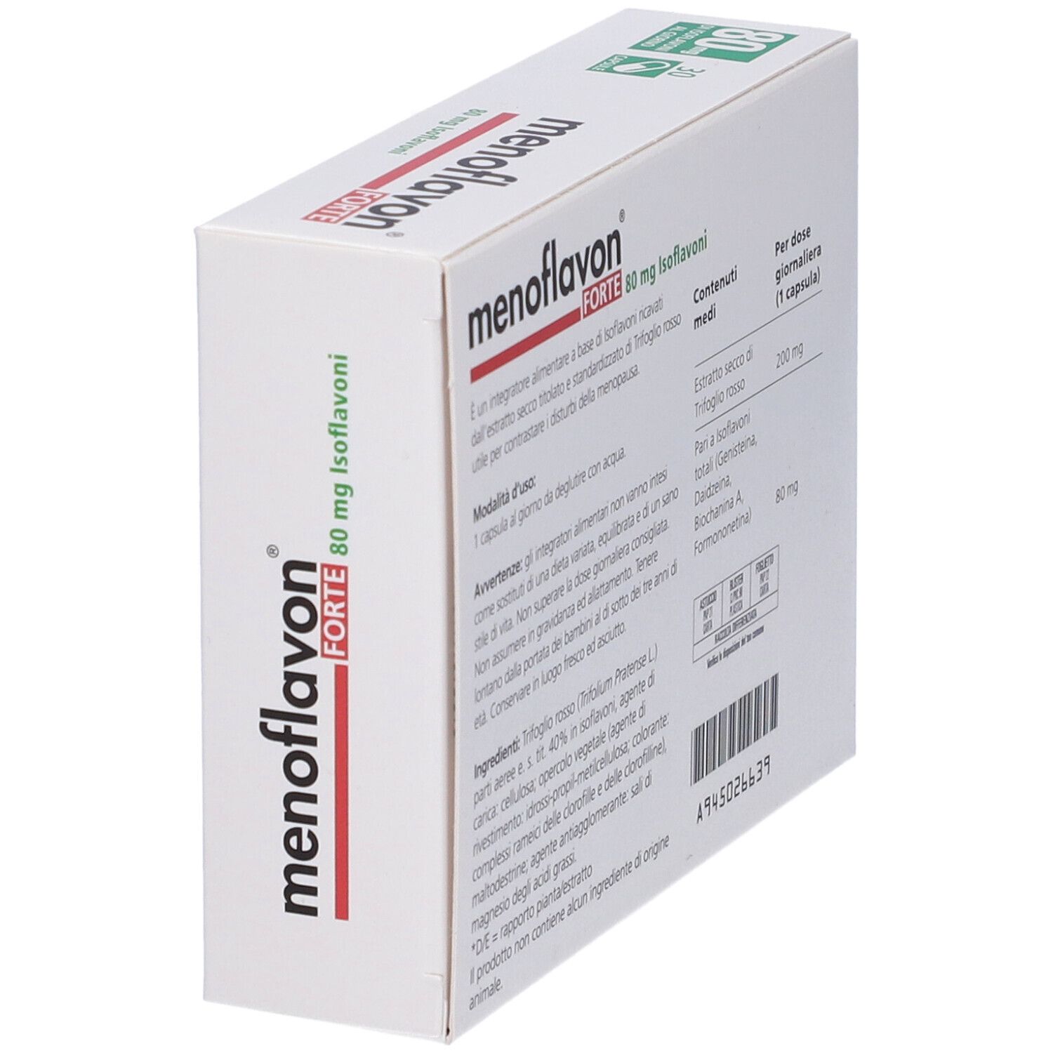 Menoflavon Forte-Verpackung, schräg, Rückseite. Inhaltsstoffe, Dosierung, Herstellerinformationen. 80 mg Isoflavone. Marke Farma Derma.