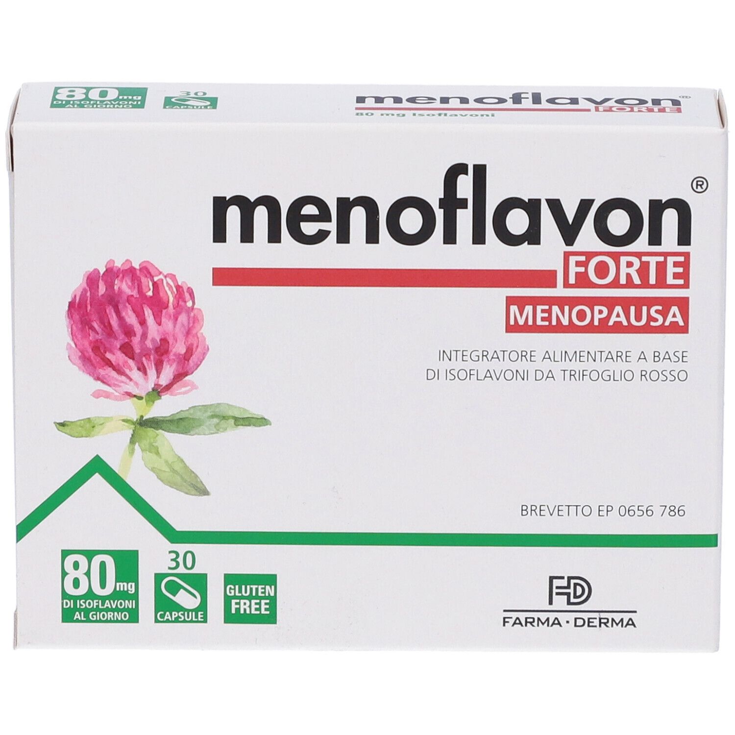 Menoflavon Forte-Verpackung. Rote Schrift, Kleeblume, 80 mg Isoflavone, 30 Kapseln, glutenfrei. Marke Farma Derma.