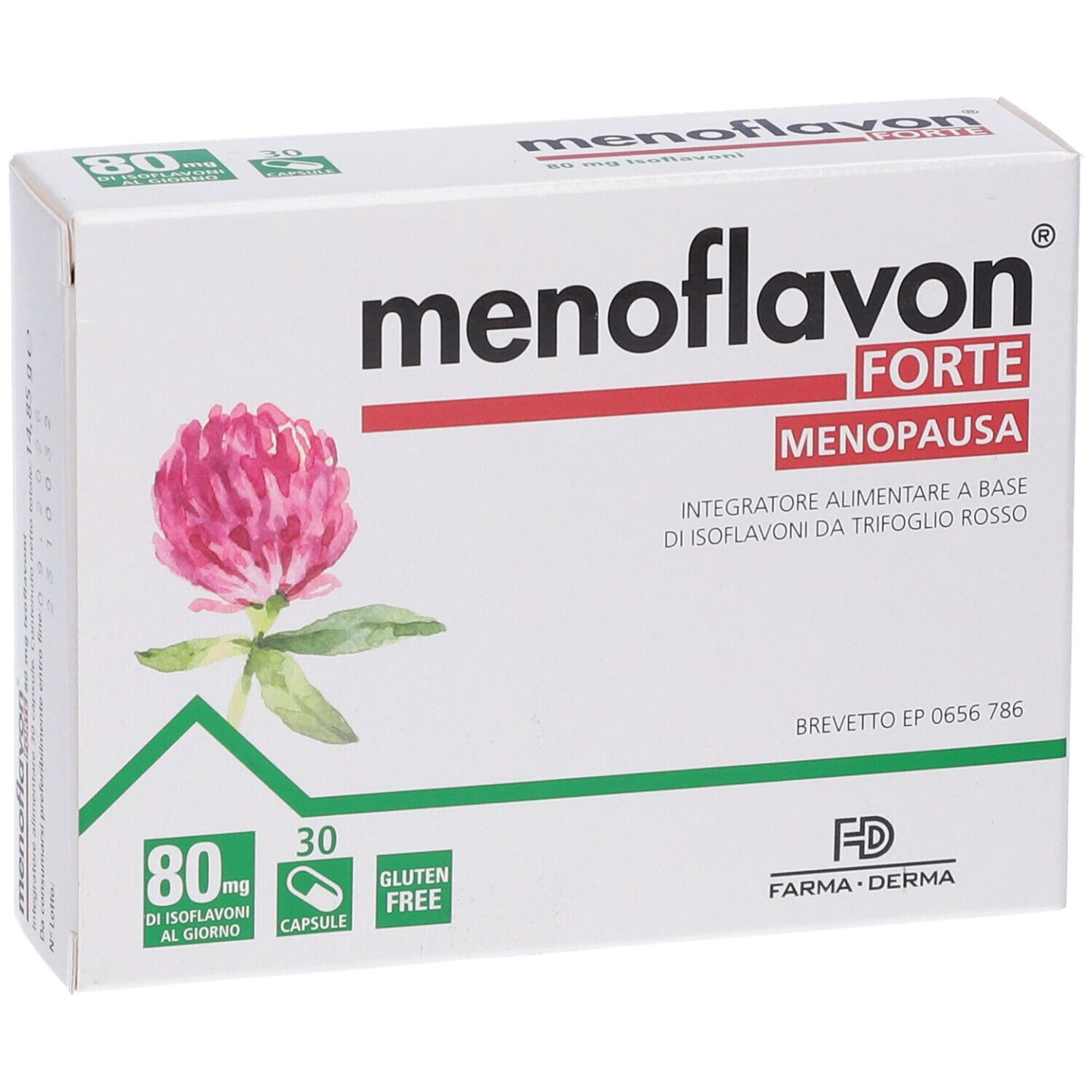 Menoflavon Forte-Verpackung. Rote Schrift, Kleeblume, 80 mg Isoflavone, 30 Kapseln, glutenfrei. Marke Farma Derma.