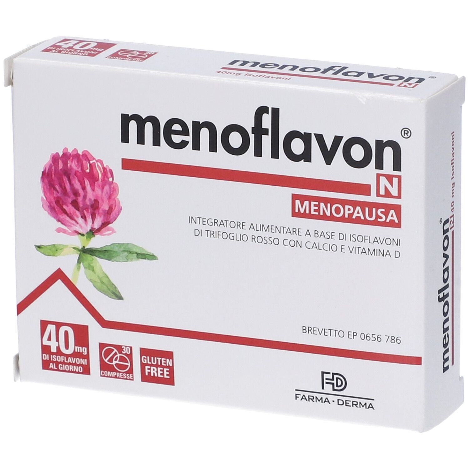 Weiße Schachtel mit Produktnamen und Kleeblume. Enthält Text: 40 mg Isoflavone, 30 Tabletten, glutenfrei.