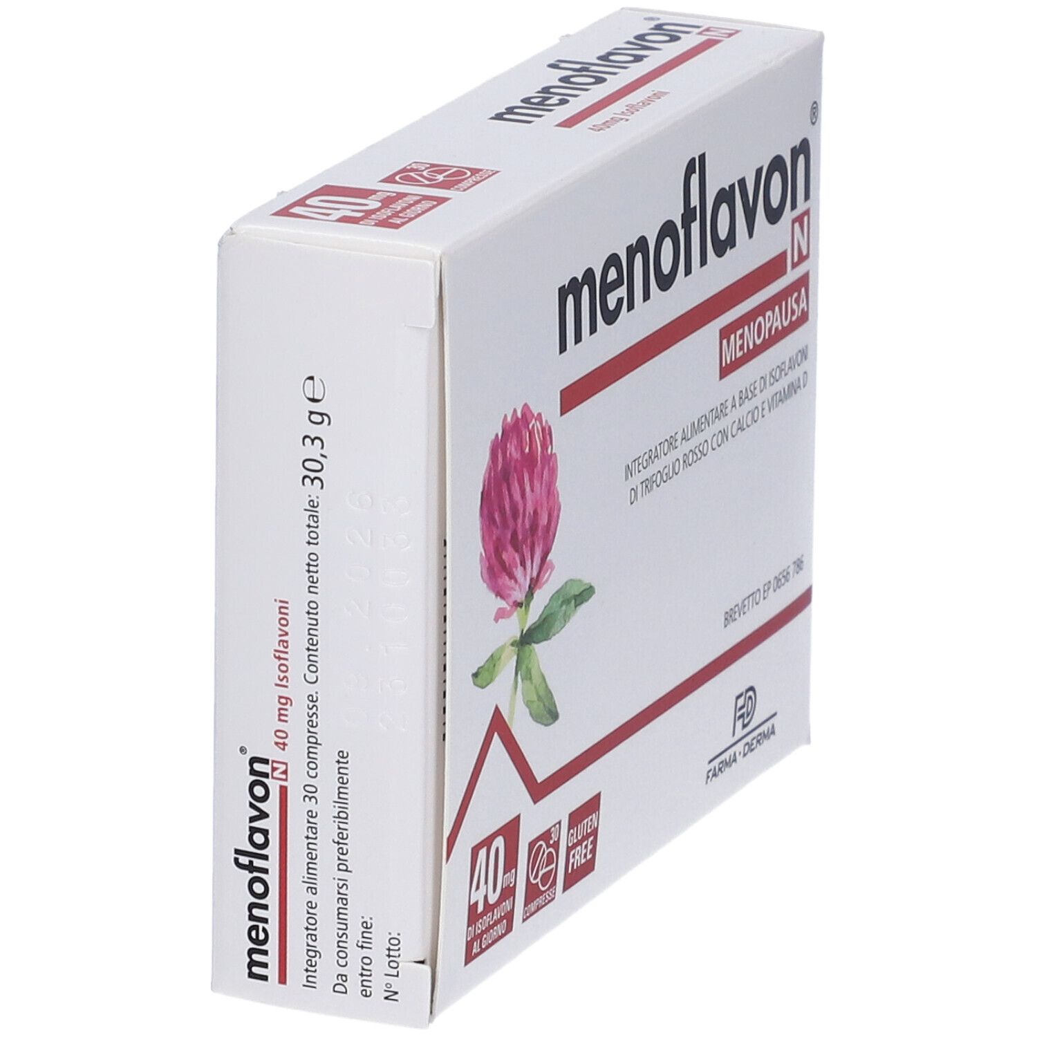 Schachtel, weiß mit Produktnamen und Kleeblume. Enthält Text: 40 mg Isoflavone, 30 Tabletten, glutenfrei.