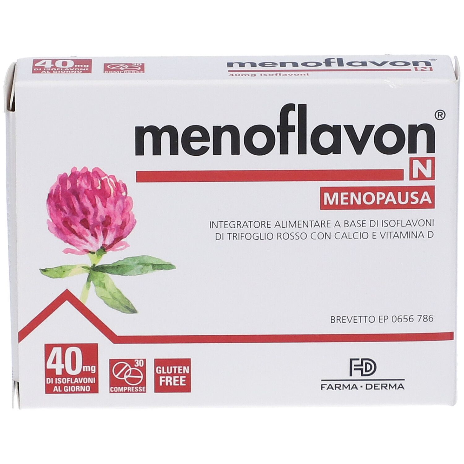 Weiße Schachtel mit Produktnamen und Kleeblume. Enthält Text: 40 mg Isoflavone, 30 Tabletten, glutenfrei.