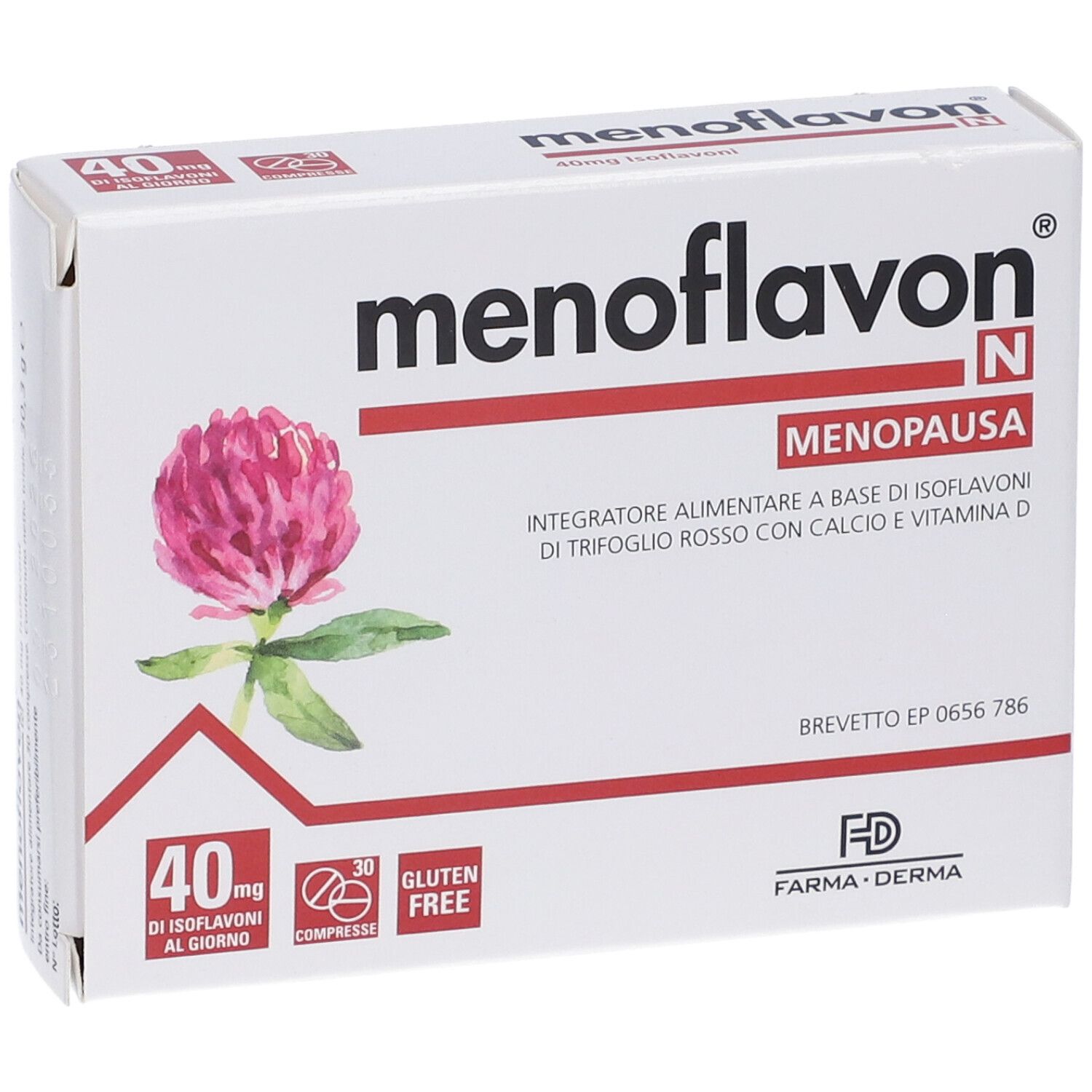 Weiße Schachtel mit Produktnamen und Kleeblume. Enthält Text: 40 mg Isoflavone, 30 Tabletten, glutenfrei.