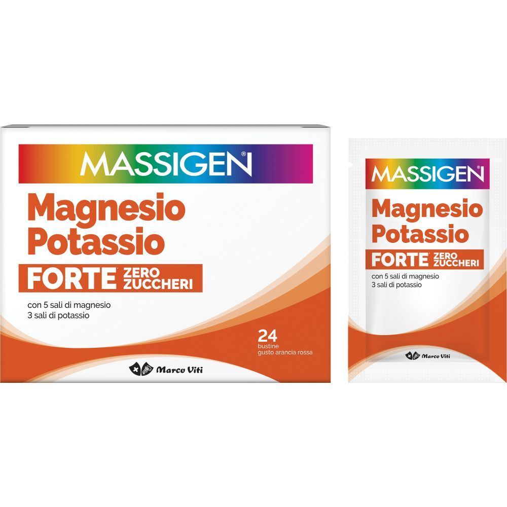 Packung und Einzelbeutel mit Produktaufschrift. Aufschrift: MASSIGEN Magnesio Potassio FORTE Zero Zuccheri.