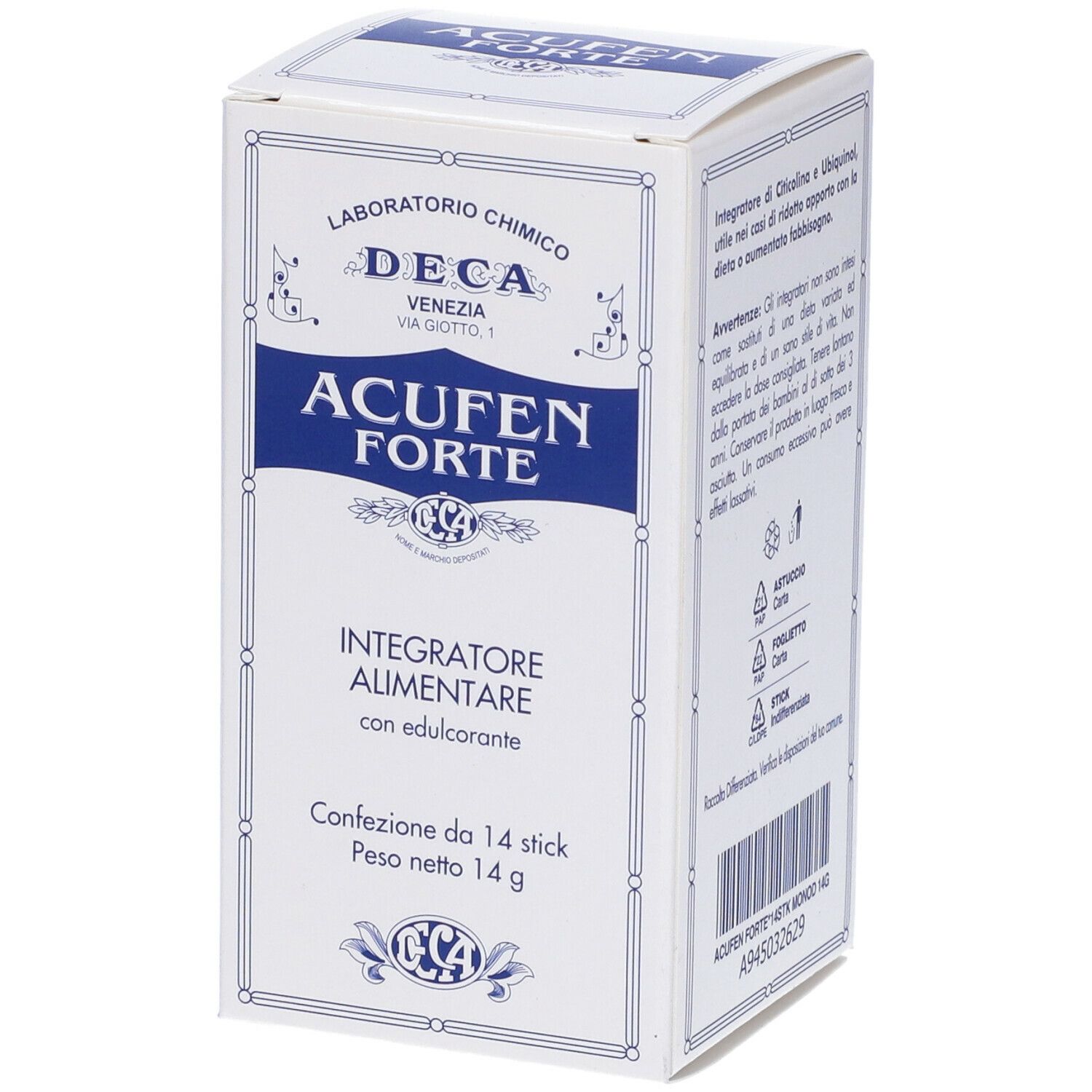 Weiße Schachtel mit blauem Rahmen. Aufschrift: Acufen Forte, Integratore Alimentare. 14 Sticks, 14 g. Laboratorio Chimico DECA.