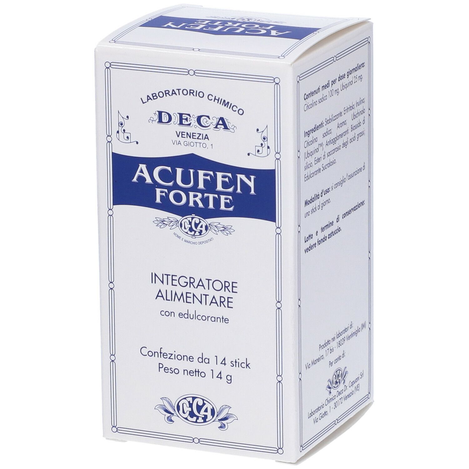 Weiße Schachtel mit blauem Rahmen. Aufschrift: Acufen Forte, Integratore Alimentare. 14 Sticks, 14 g. Laboratorio Chimico DECA.
