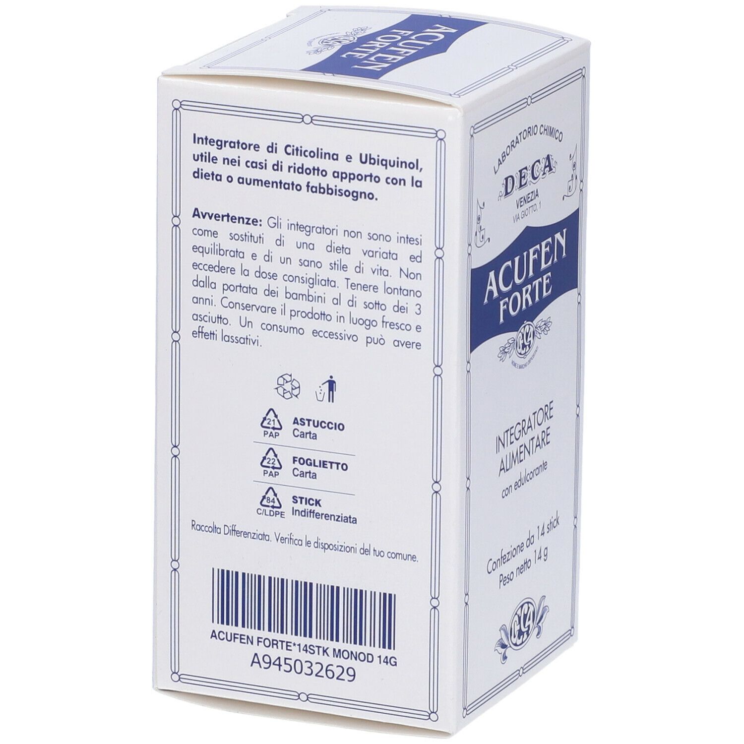 Rückseite der Schachtel. Aufschrift: Acufen Forte, Integratore Alimentare. Warnhinweise, Recycling-Symbole, Herstellerinformationen.