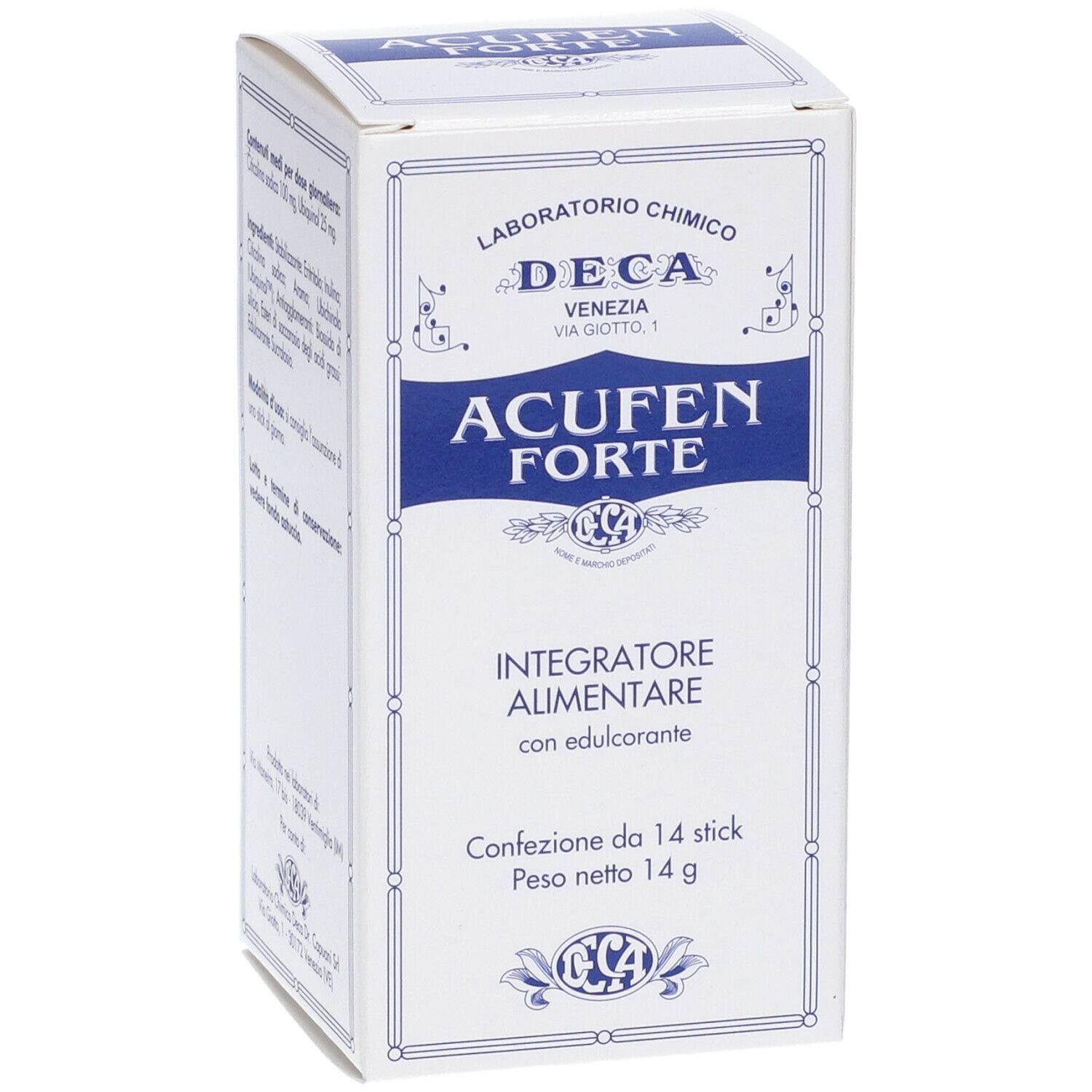 Weiße Schachtel mit blauem Rahmen. Aufschrift: Acufen Forte, Integratore Alimentare. 14 Sticks, 14 g. Laboratorio Chimico DECA.
