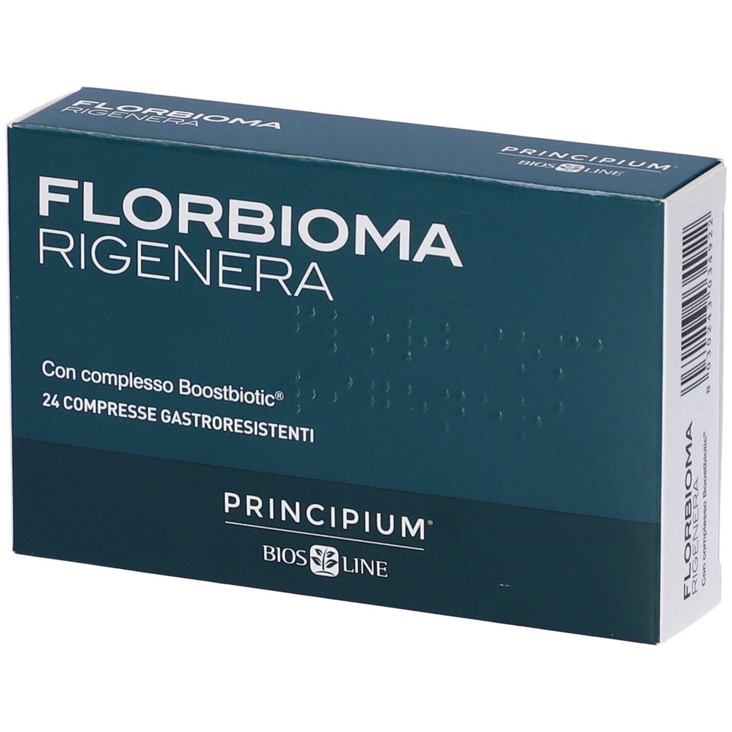 Dunkelblaue Schachtel mit weißer Aufschrift FLORBIOMA RIGENERA, 24 Tabletten. Marke Principium, Bios Line.