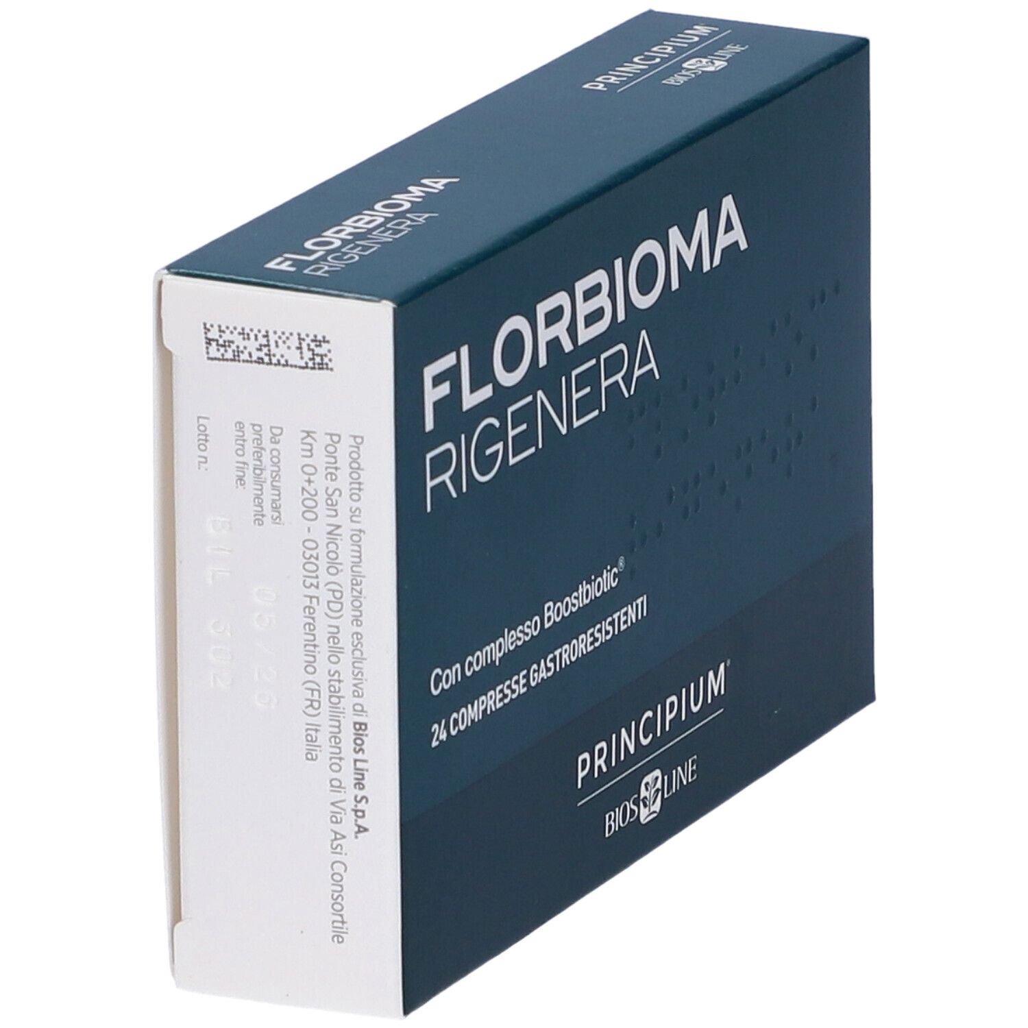 Dunkelblaue Schachtel, FLORBIOMA RIGENERA, 24 Tabletten. Marke Principium, Bios Line. Seitenansicht mit Text und Barcode.